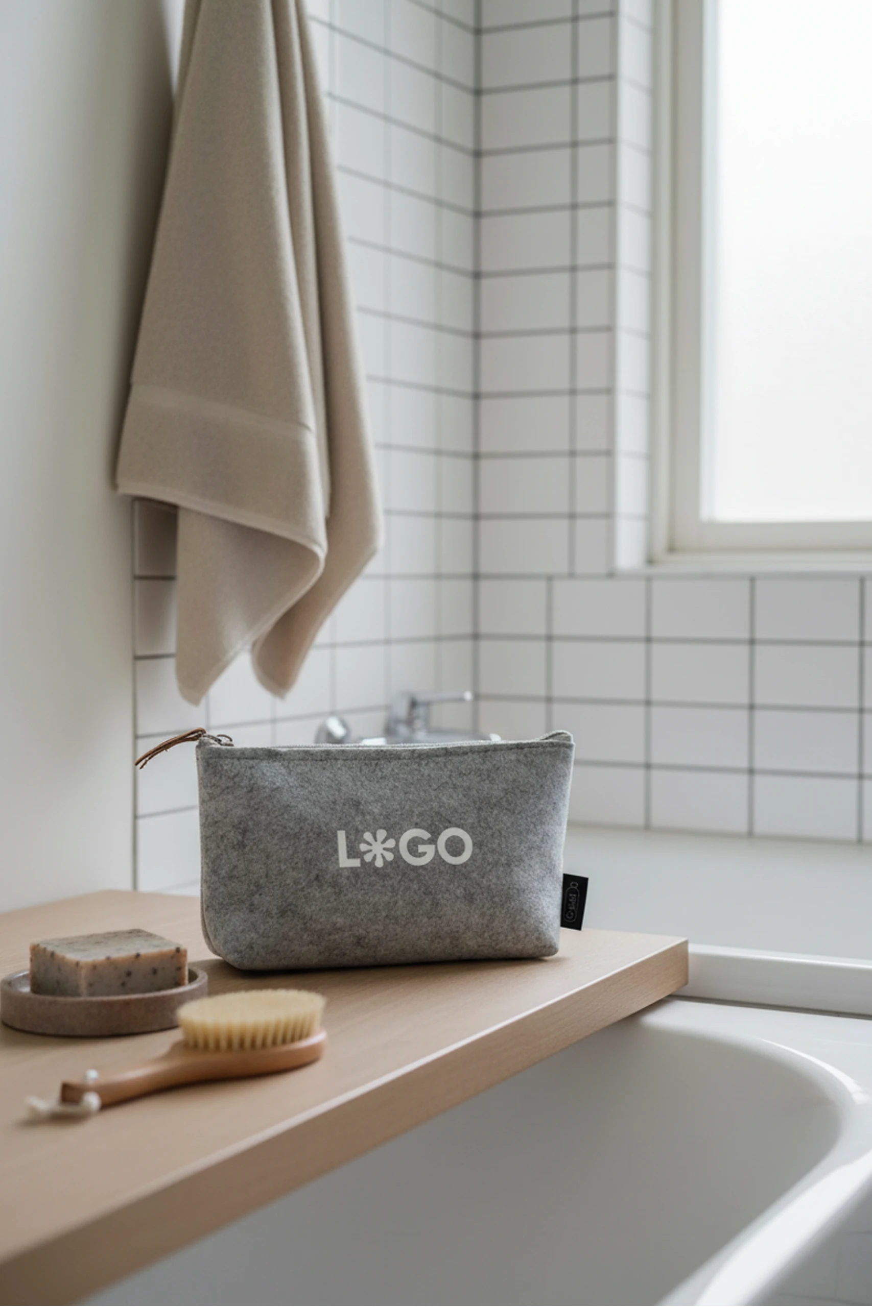 Neceser de viaje de color gris personalizado con la palabra logo en blanco junto a un jabón y un cepillo de pelo, sobre una superficie de madera dentro de un baño