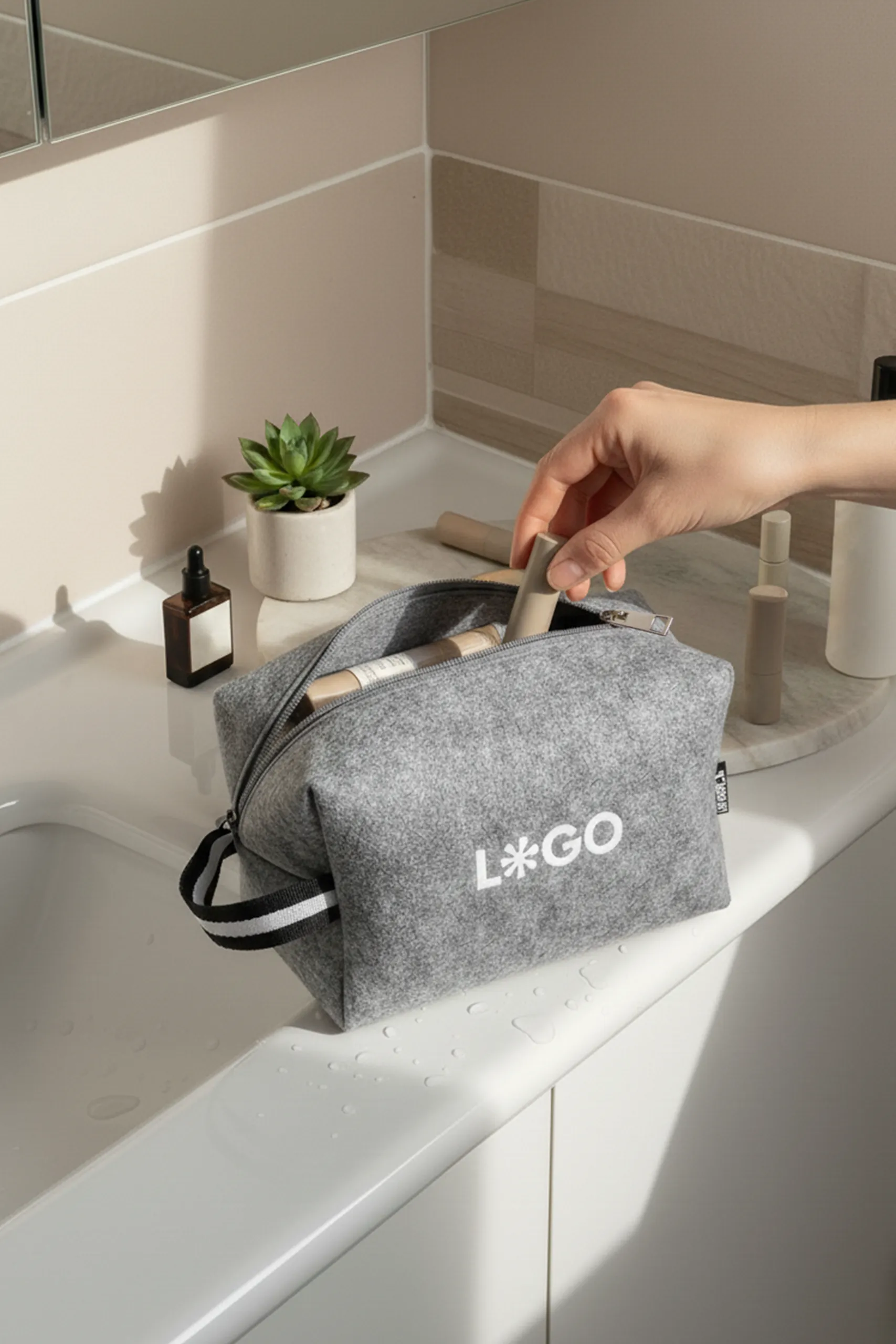 Mano sacando un cosmético de un neceser gris de fieltro con asa personalizado con la palabra 'logo' en blanco sobre la superficie de un baño