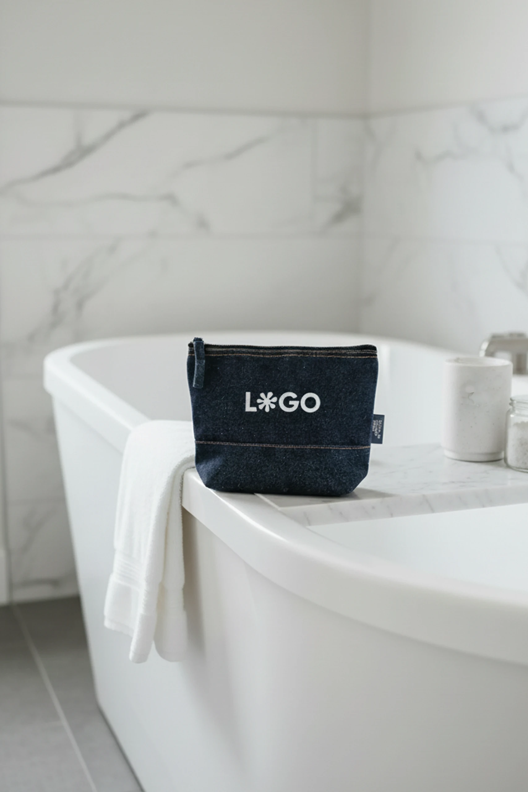 Neceser de vaquero personalizado con la palabra 'logo' en blanco apoyado en una bañera