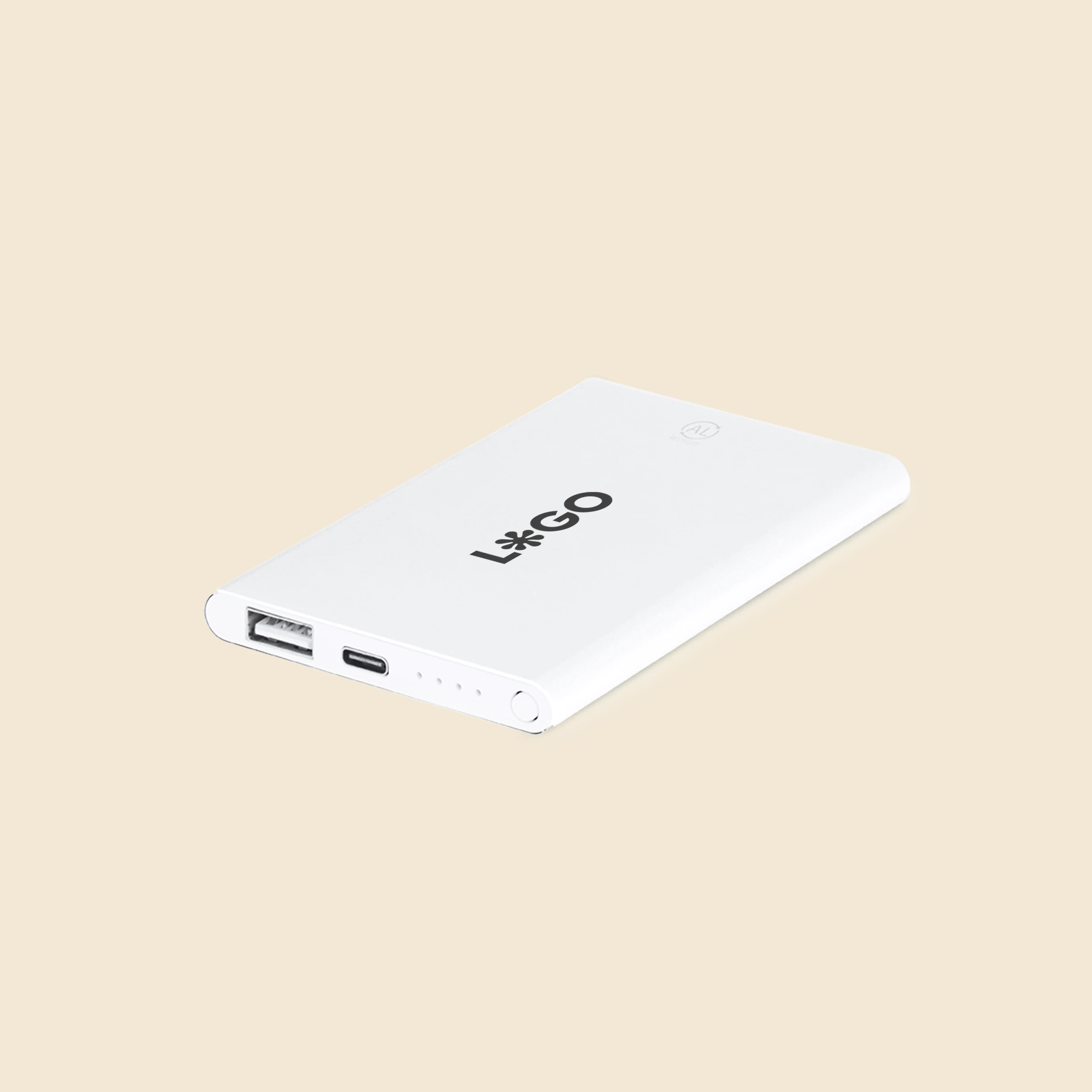 Batería portátil de color blanco personalizada con la palabra "LOGO" en negro