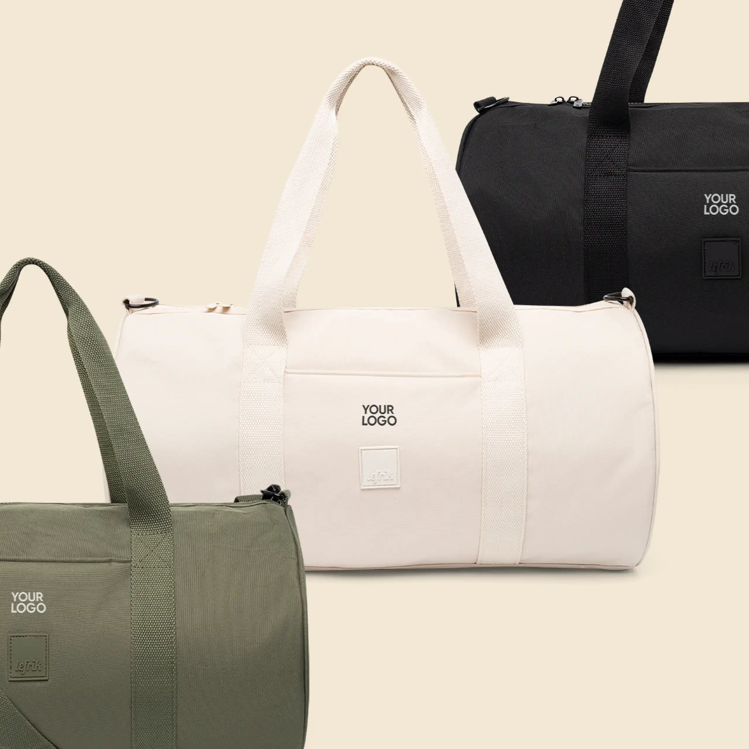 3 bolsas de viaje (blanca, negra y verde) de la marca Lefrik personalizadas con el texto "YOUR LOGO"