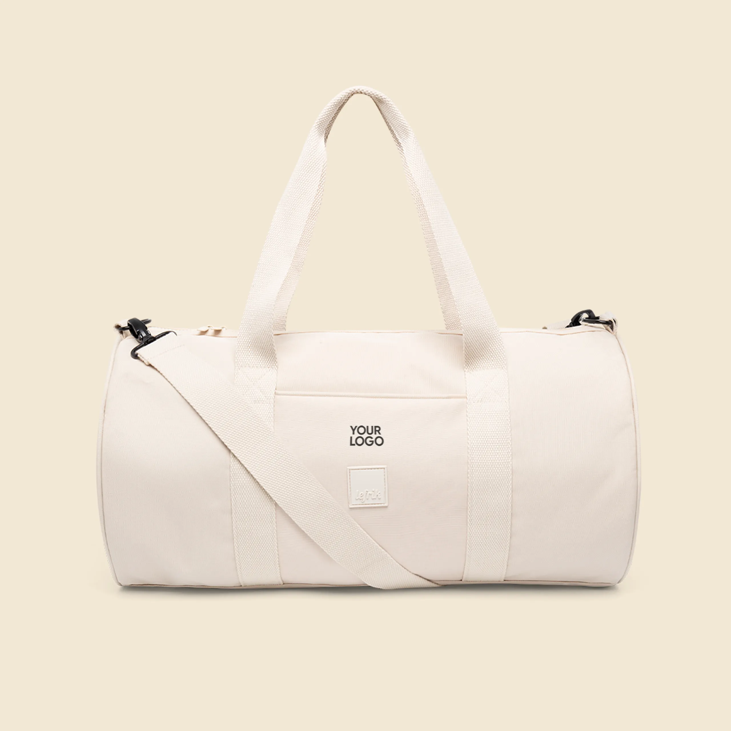 Bolsa de viaje blanca de la marca Lefrik personalizada con el texto "YOUR LOGO"