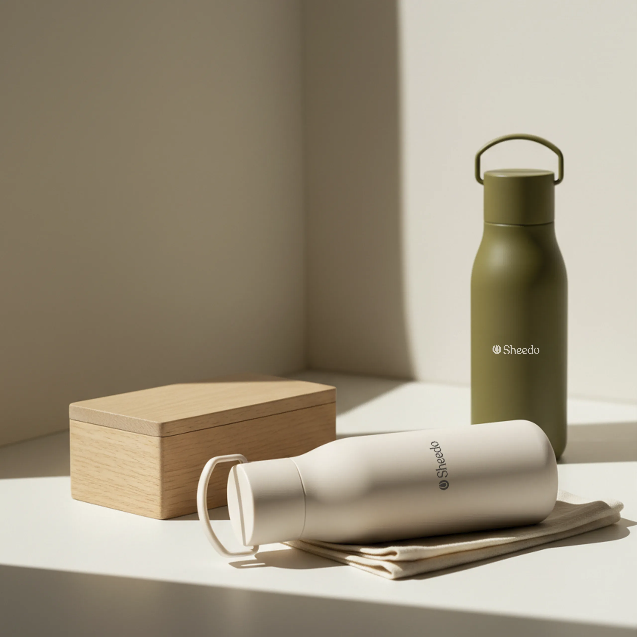 Botella térmica LEFRIK CIRCUS 2 botellas térmicas (blanca y verde) de la marca Lefrik personalizadas con el logotipo de Sheedo junto a una caja de madera