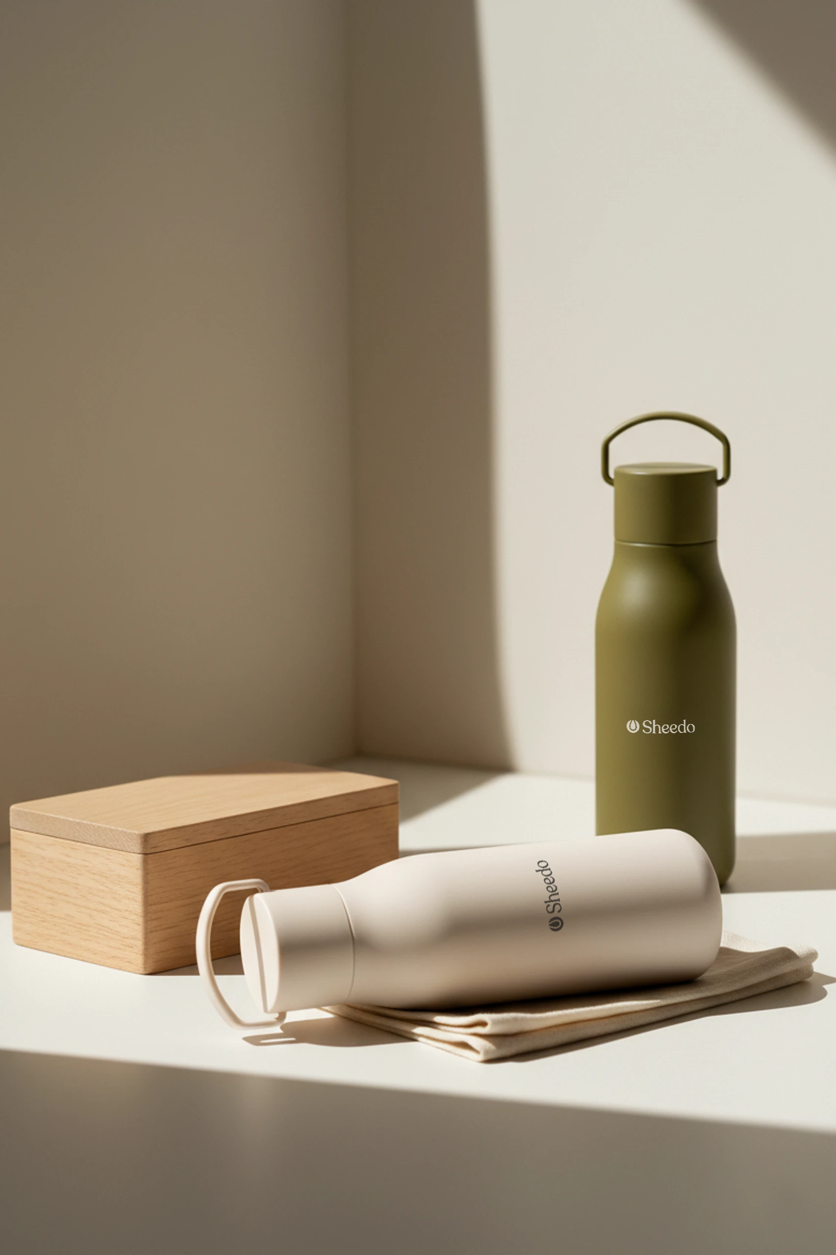Botella térmica LEFRIK CIRCUS 2 botellas térmicas (blanca y verde) de la marca Lefrik personalizadas con el logotipo de Sheedo junto a una caja de madera