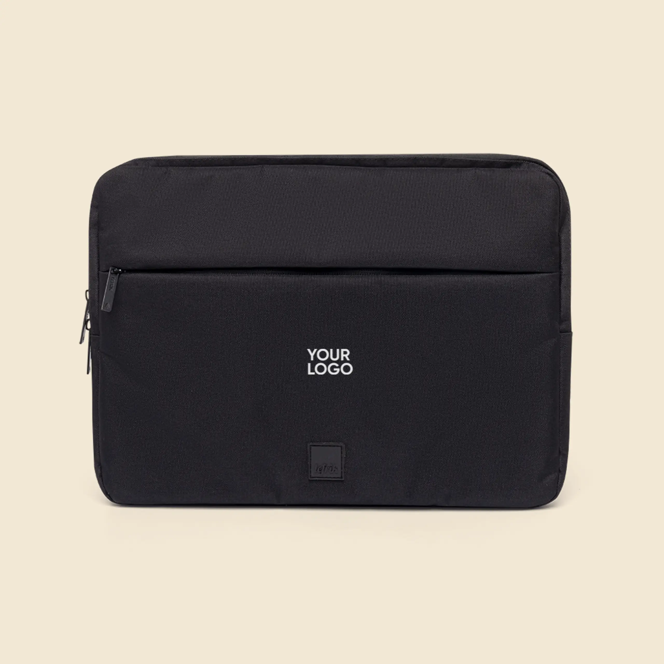 Funda de portátil LEFRIK CAPTURE 13 Funda de portátil negra de la marca Lefrik personalizada con el texto "YOUR LOGO" en blanco