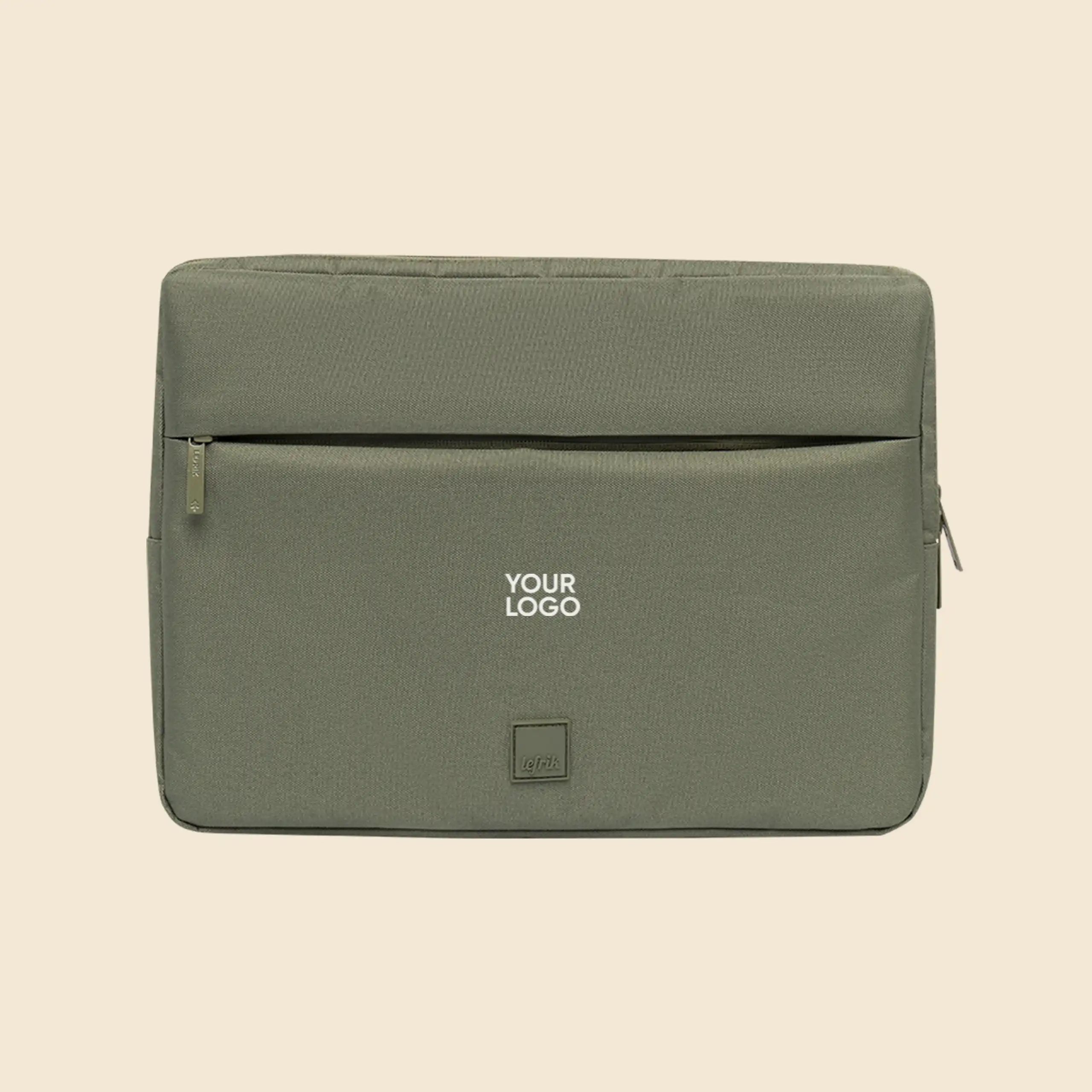 Funda de portátil LEFRIK CAPTURE 13 Funda de portátil verde de la marca Lefrik personalizada con el texto "YOUR LOGO" en blanco