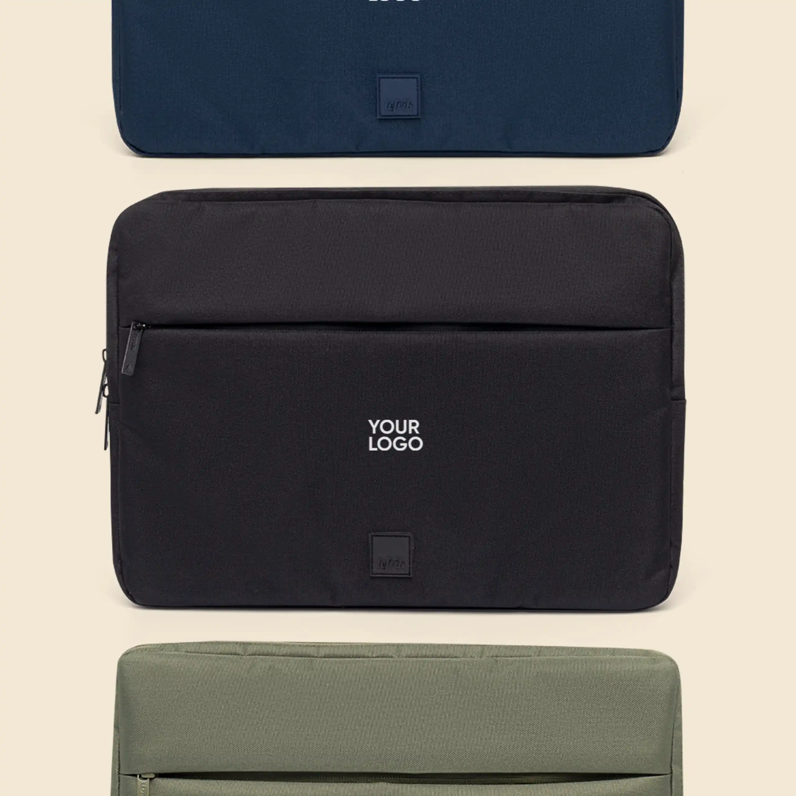 Funda de portátil LEFRIK CAPTURE 13 3 fundas de portátil (negra, verde y azul) de la marca Lefrik personalizadas con el texto "YOUR LOGO" en blanco