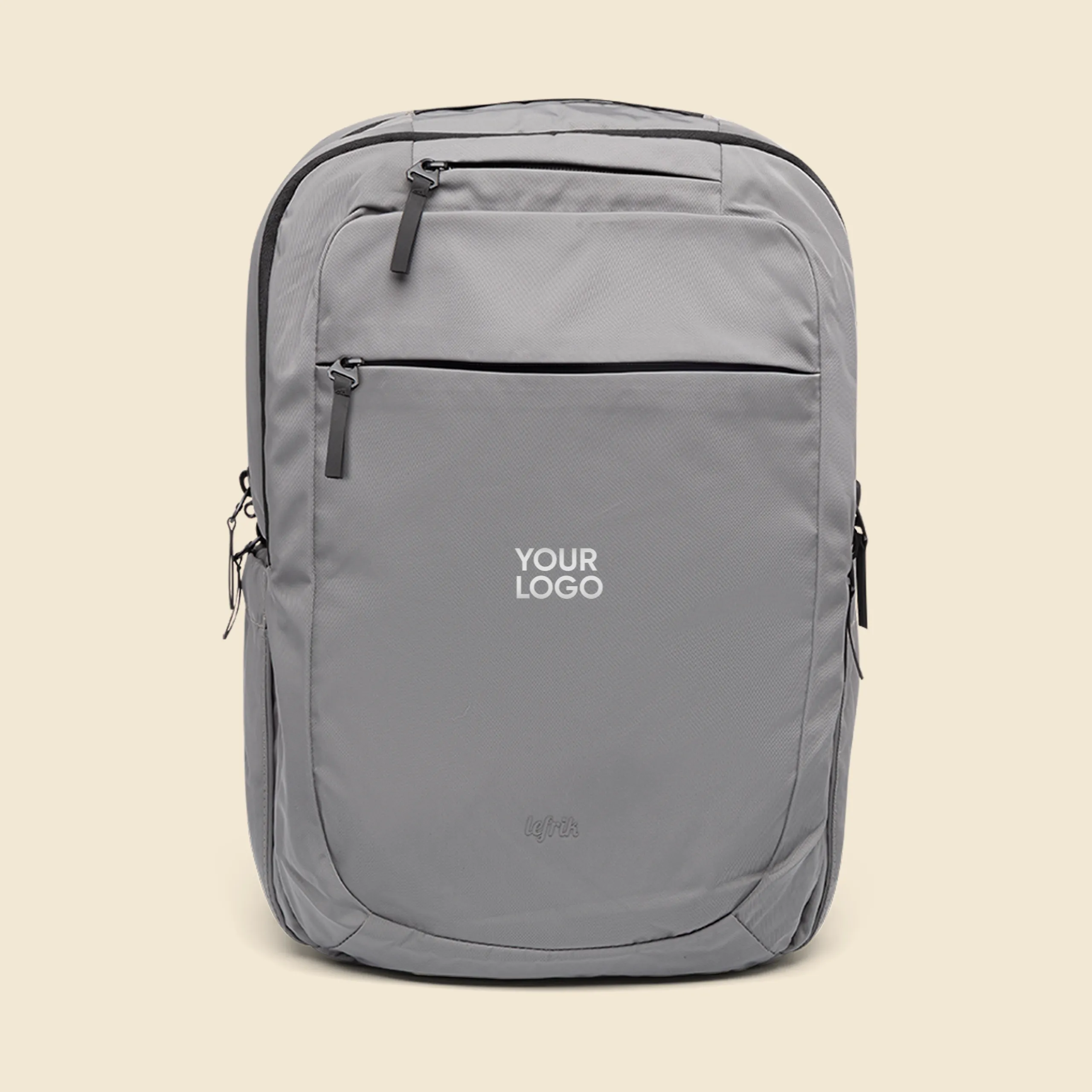 Mochila personalizada LEFRIK 101 Mochila gris de la marca Lefrik personalizada con el texto "YOUR LOGO" en blanco