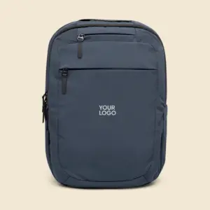 Mochila azul marino de la marca Lefrik personalizada con el texto "YOUR LOGO" en blanco