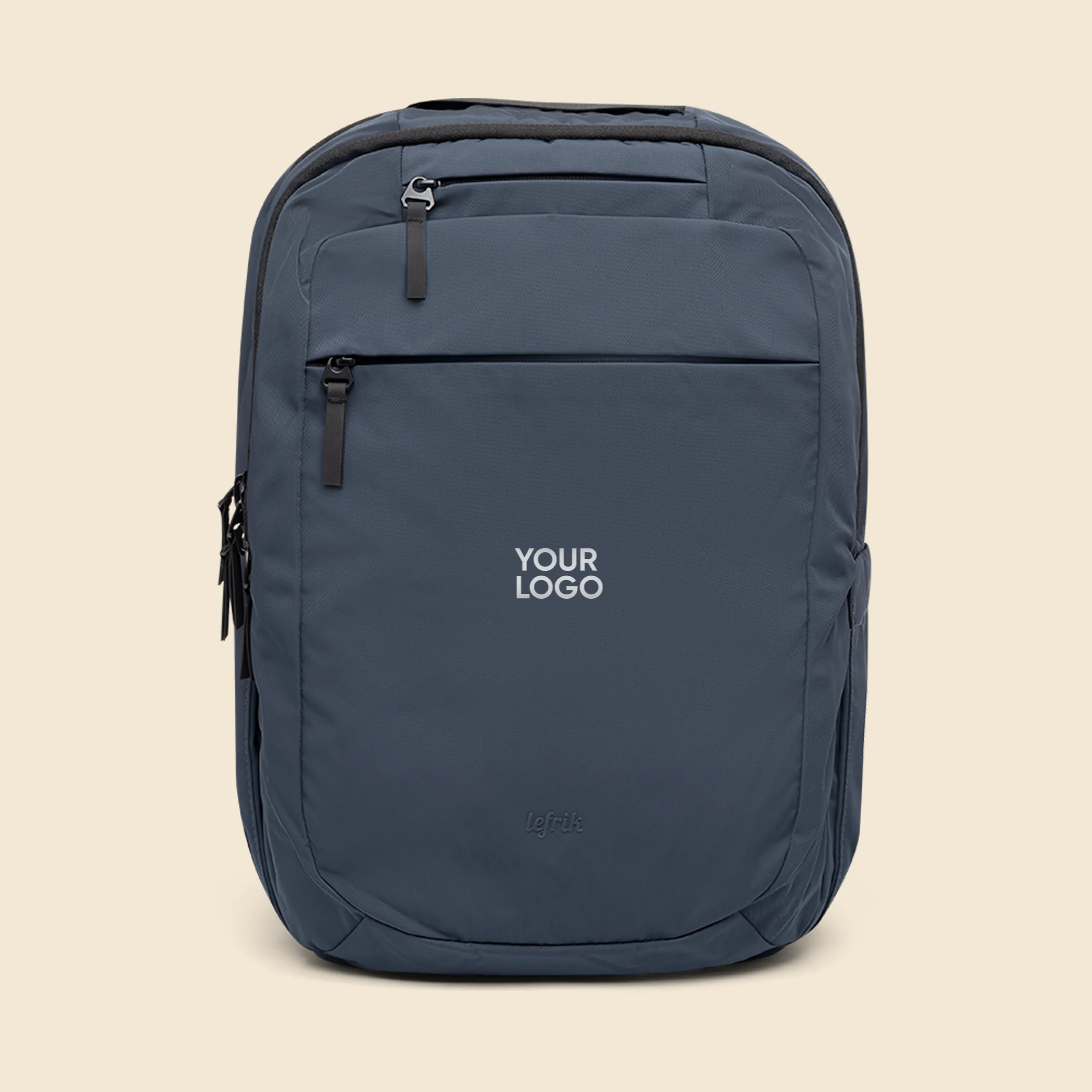 Mochila azul marino de la marca Lefrik personalizada con el texto "YOUR LOGO" en blanco