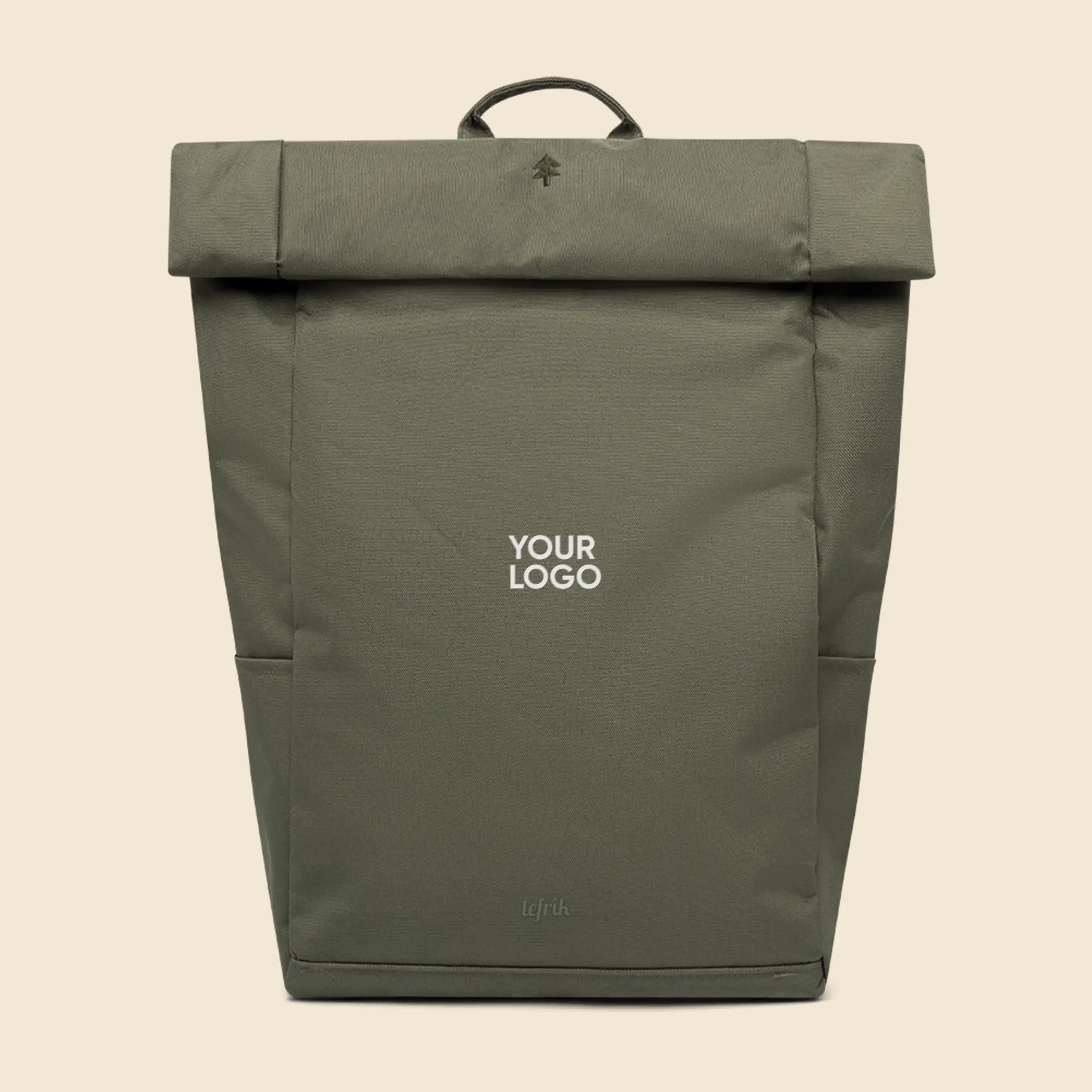 Mochila personalizada LEFRIK ROLL Mochila roll-top verde de la marca Lefrik personalizada con el texto "YOUR LOGO" en blanco