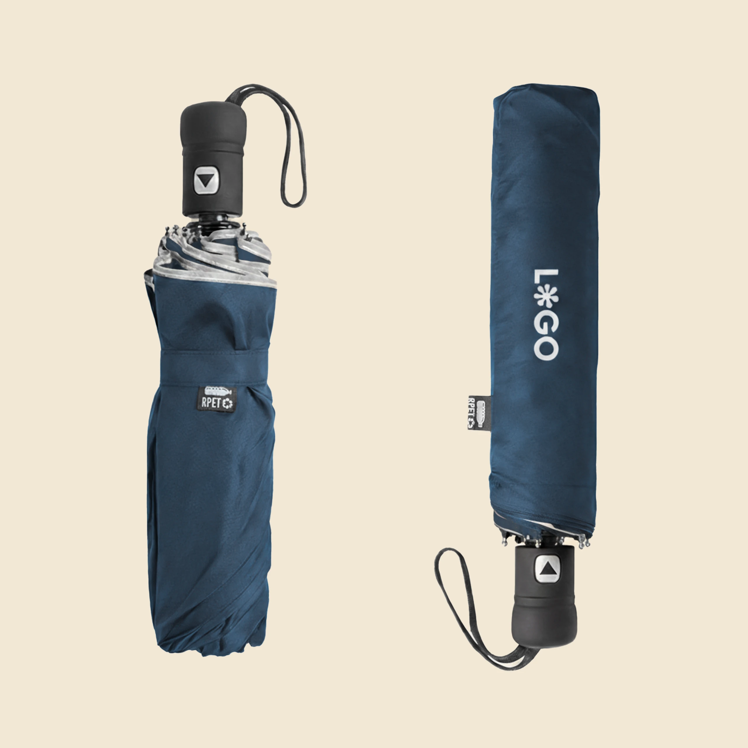 Auto-open folding umbrella NILO Paraguas azul oscuro con logo. Con apertura automática y plegable. Funda RPET personalizable a todo color.