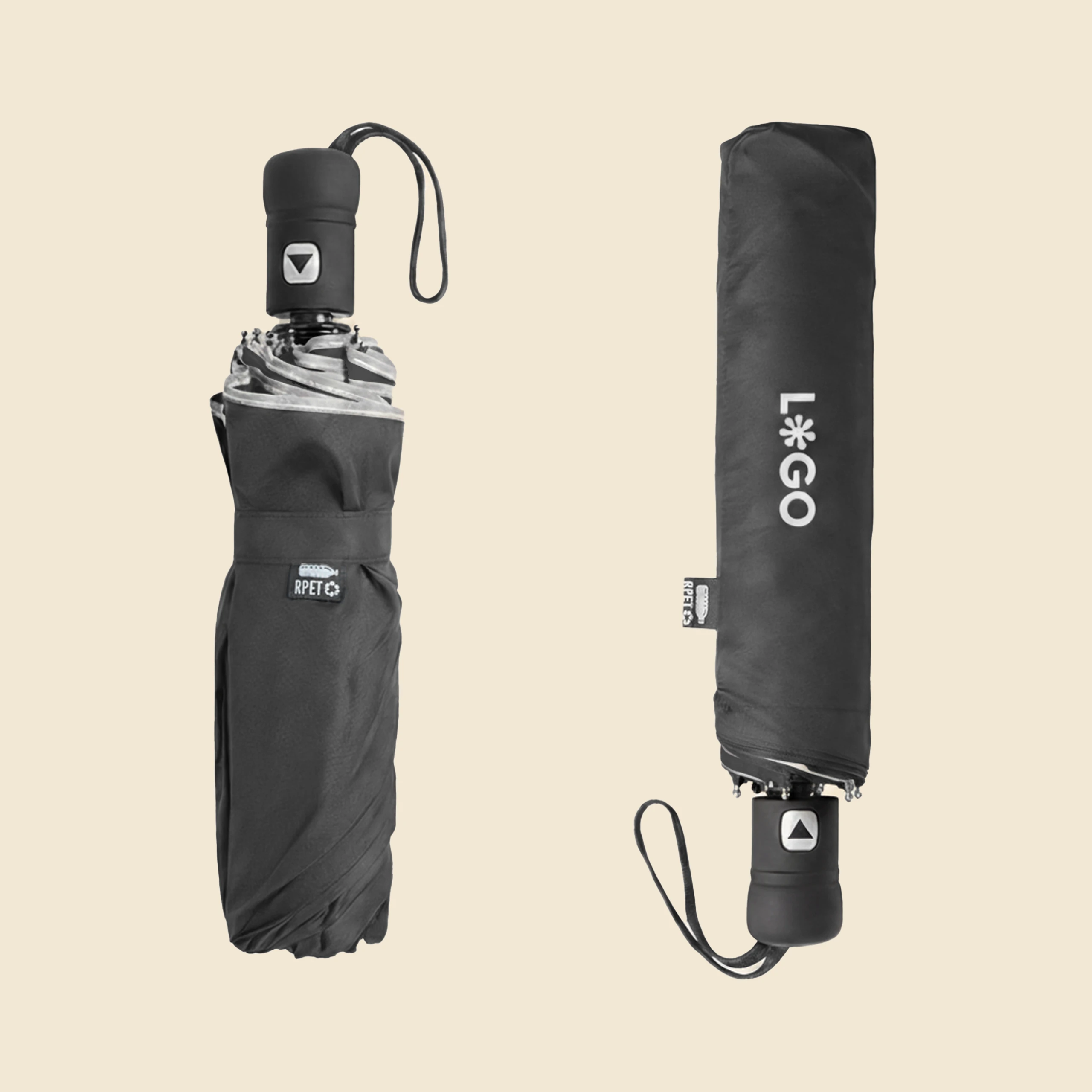 Auto-open folding umbrella NILO Paraguas negro con logo. Con apertura automática y plegable. Funda RPET personalizable a todo color.