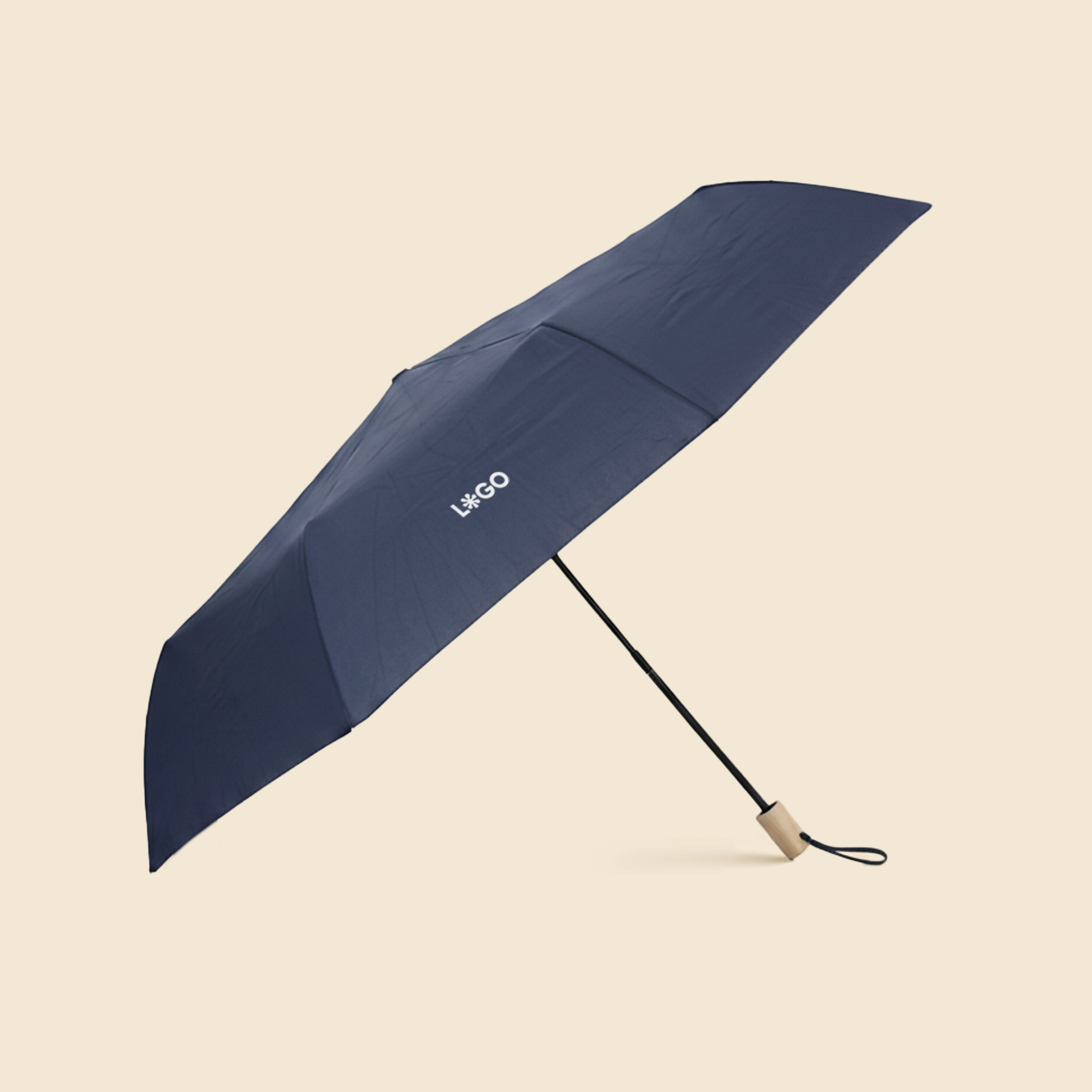 Paraguas plegable personalizado ATLAS Paraguas abierto , personalizable y plegable. De color azul oscuro. Con mango de madera.