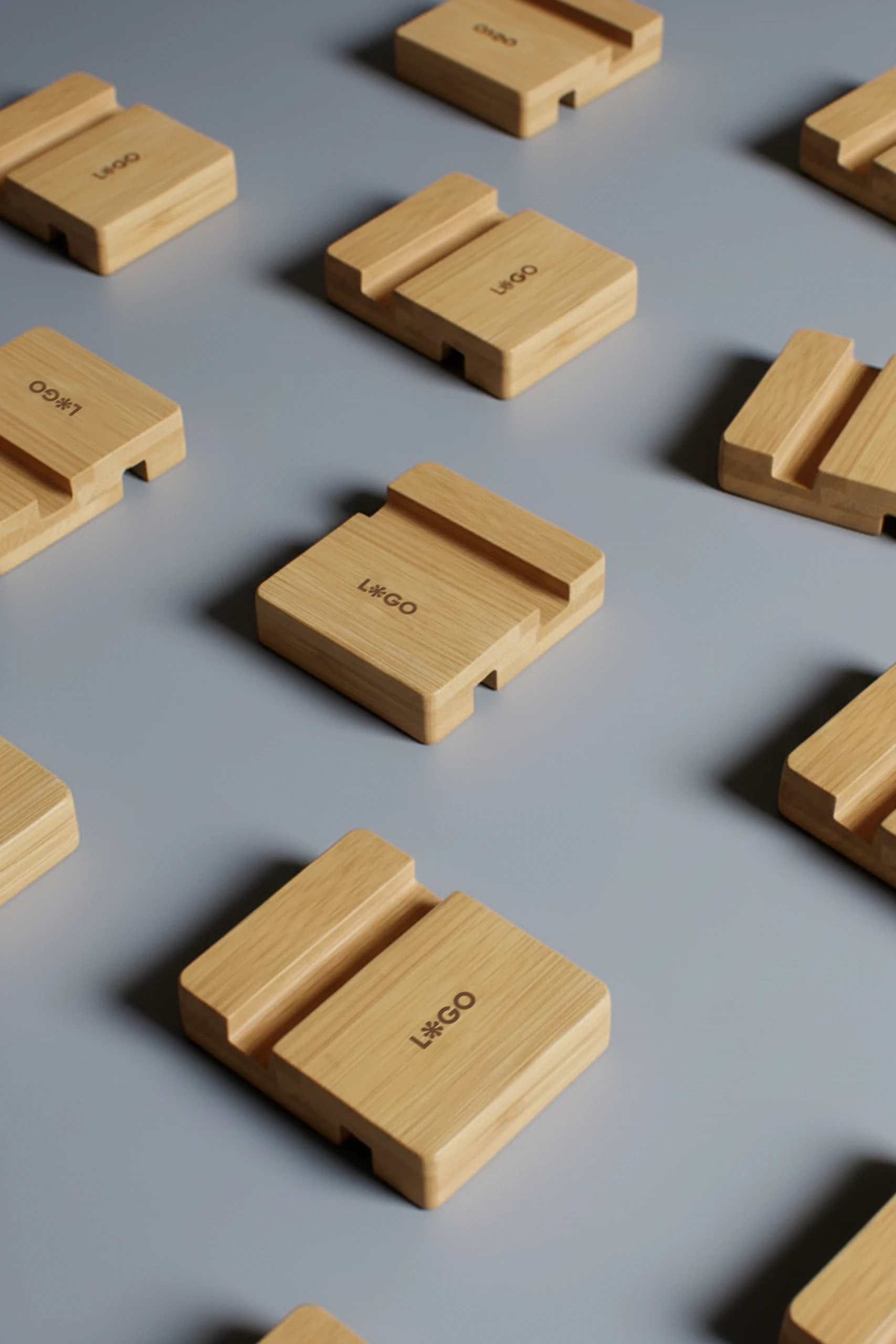 Varios soportes para móviles personalizados con la palabra "LOGO" impresa en marrón