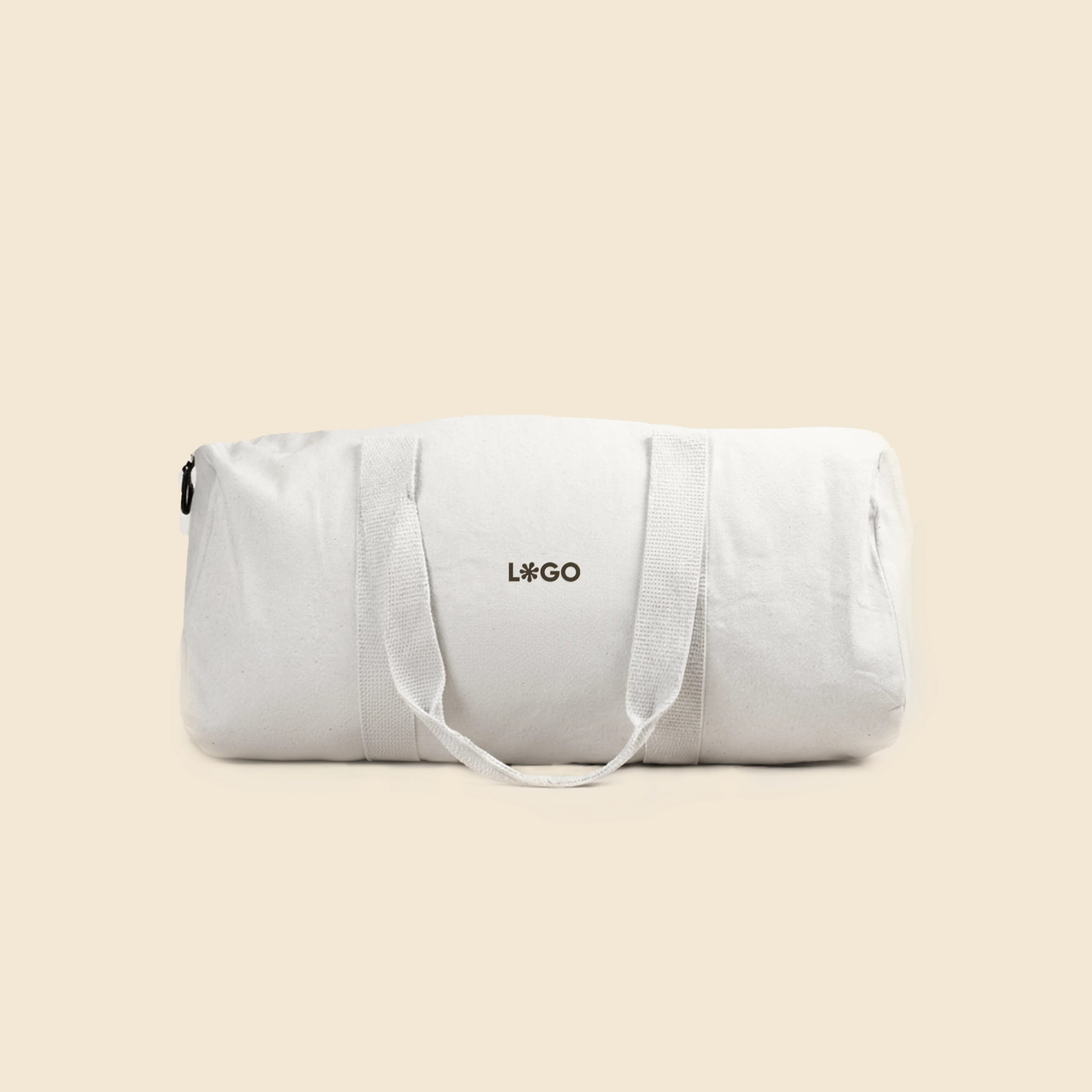 Bolsa de gimnasio personalizada. De algodón reciclado y color beige. Con personalización a todo color marrón.