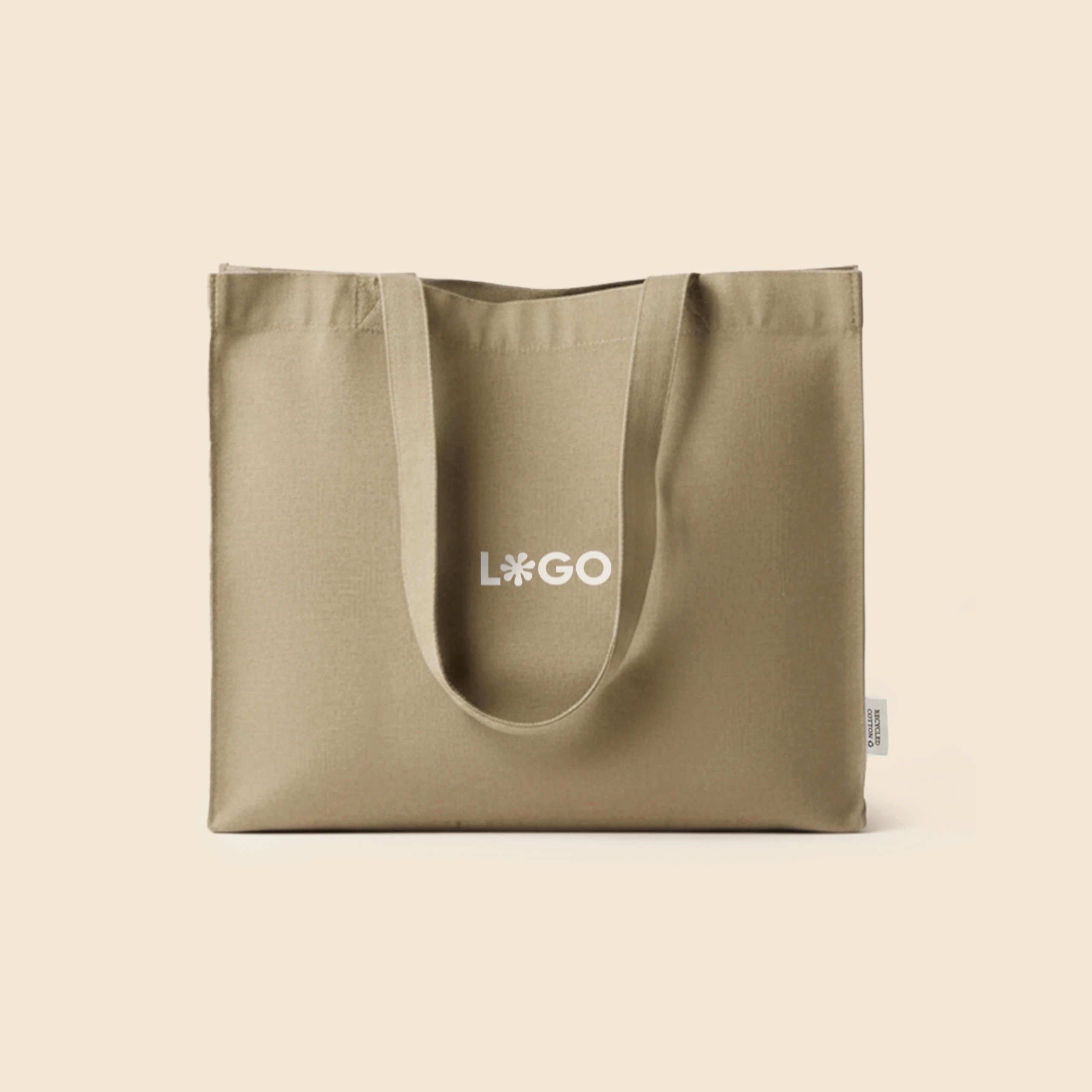 Bolsa tote personalizada. Fabricada en algodón reciclado. De color beige y personalización a todo color.