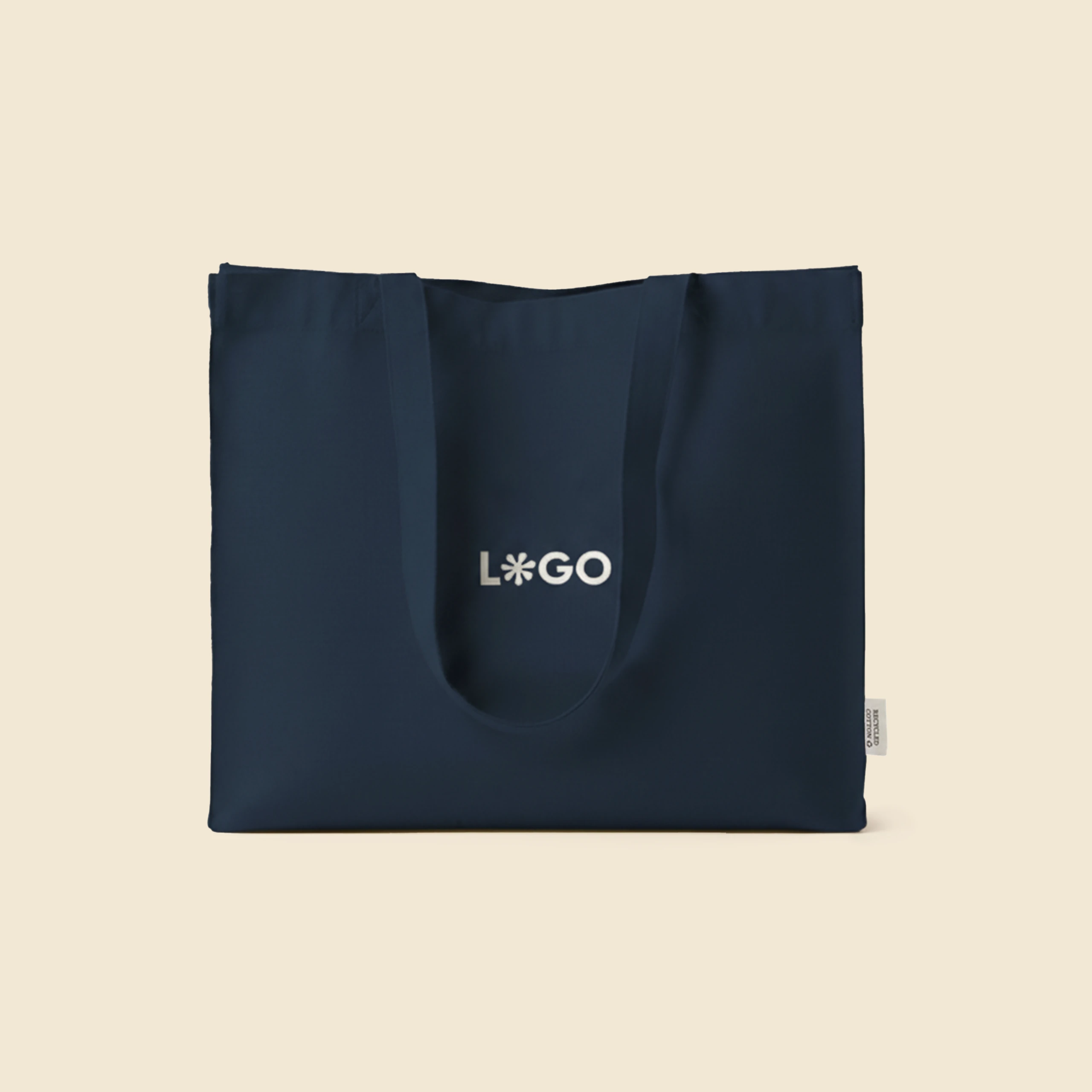 Bolsa tote personalizada. Fabricada en algodón reciclado. De color azul y personalización a todo color.