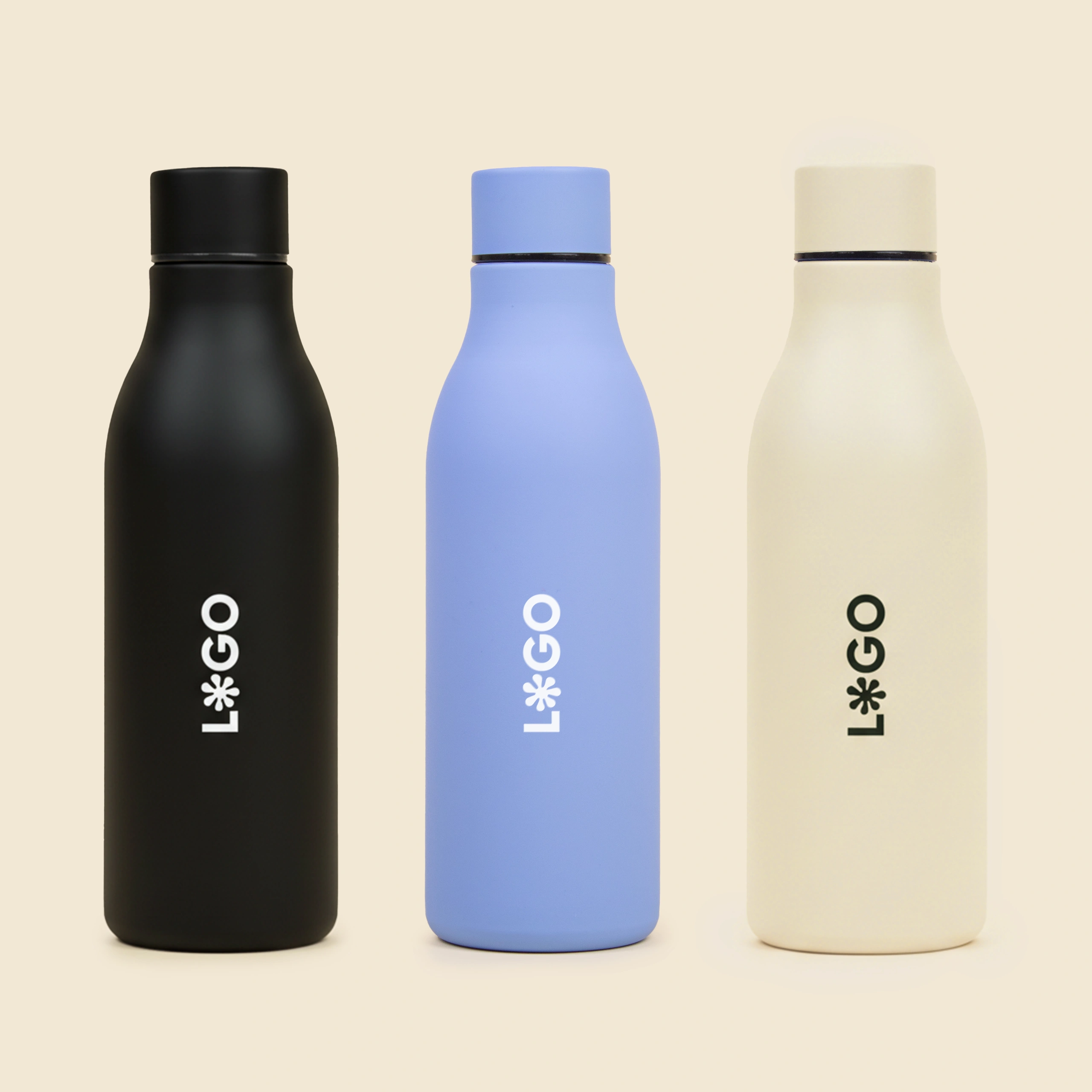 Botella térmica reciclada. Con capacidad de 500ml. De colores negro, azul y beige. Personalizable a todo color.