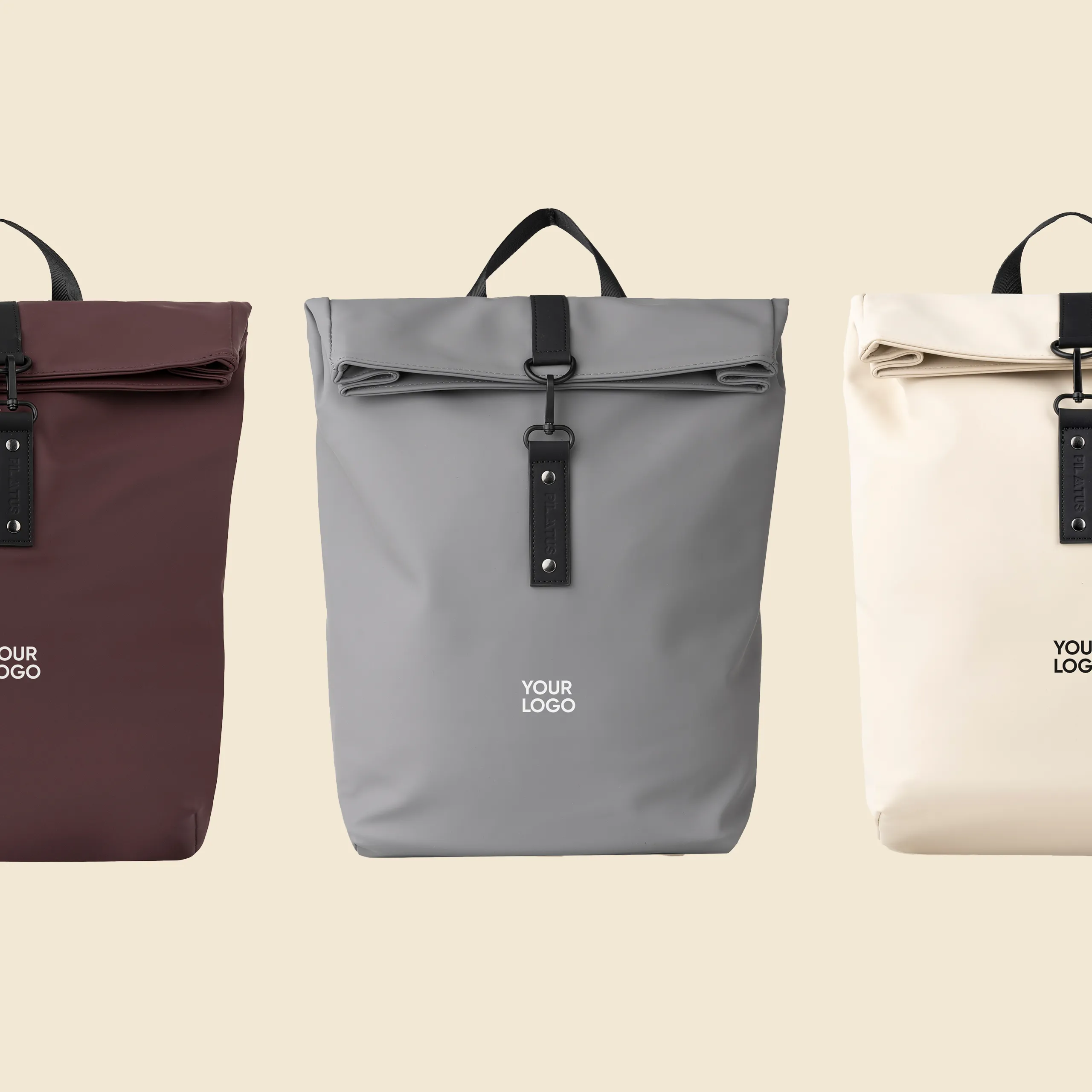 Mochilas enrollables de la marca Pilatus , de color gris, bourdeos y beige, con personalización a 1 tinta.