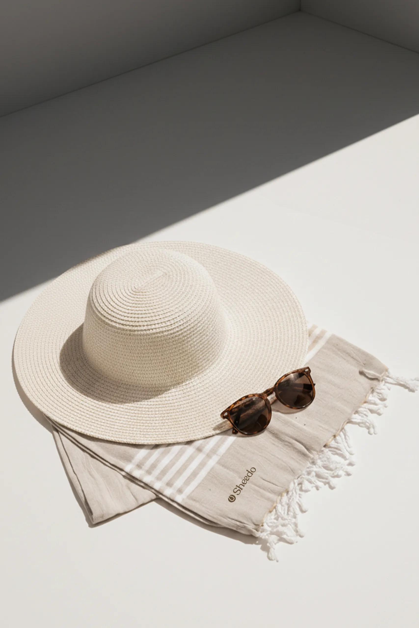 Pareo personalizado, 100% algodón , a rayas de color beige y flecos. Doblado con unas gafas de sol y una pamela.