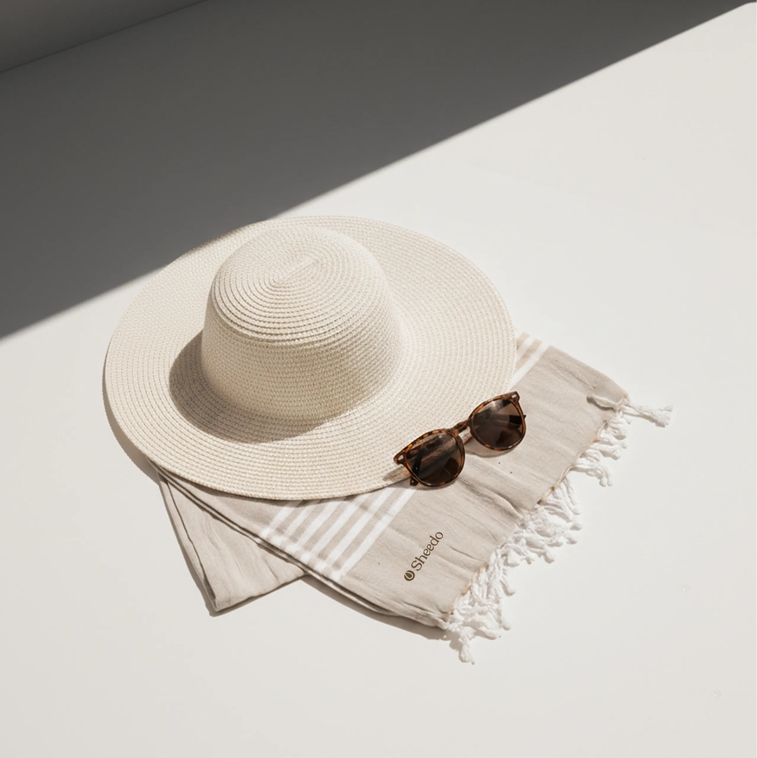 Pareo personalizado, 100% algodón , a rayas de color beige y flecos. Doblado con unas gafas de sol y una pamela.