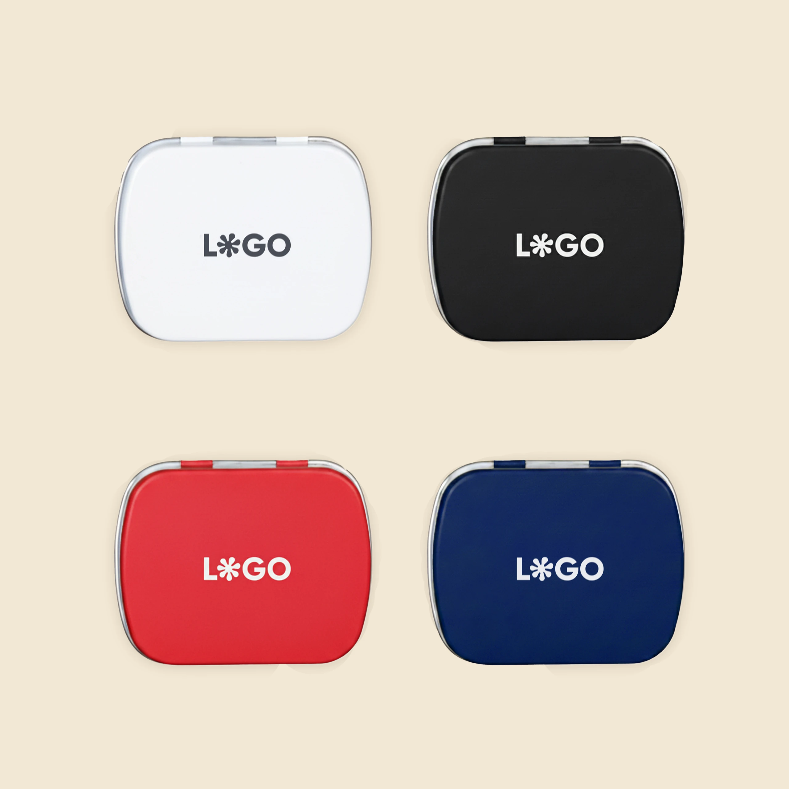 Cuatro cajas de caramelos personalizadas con la palabra logo