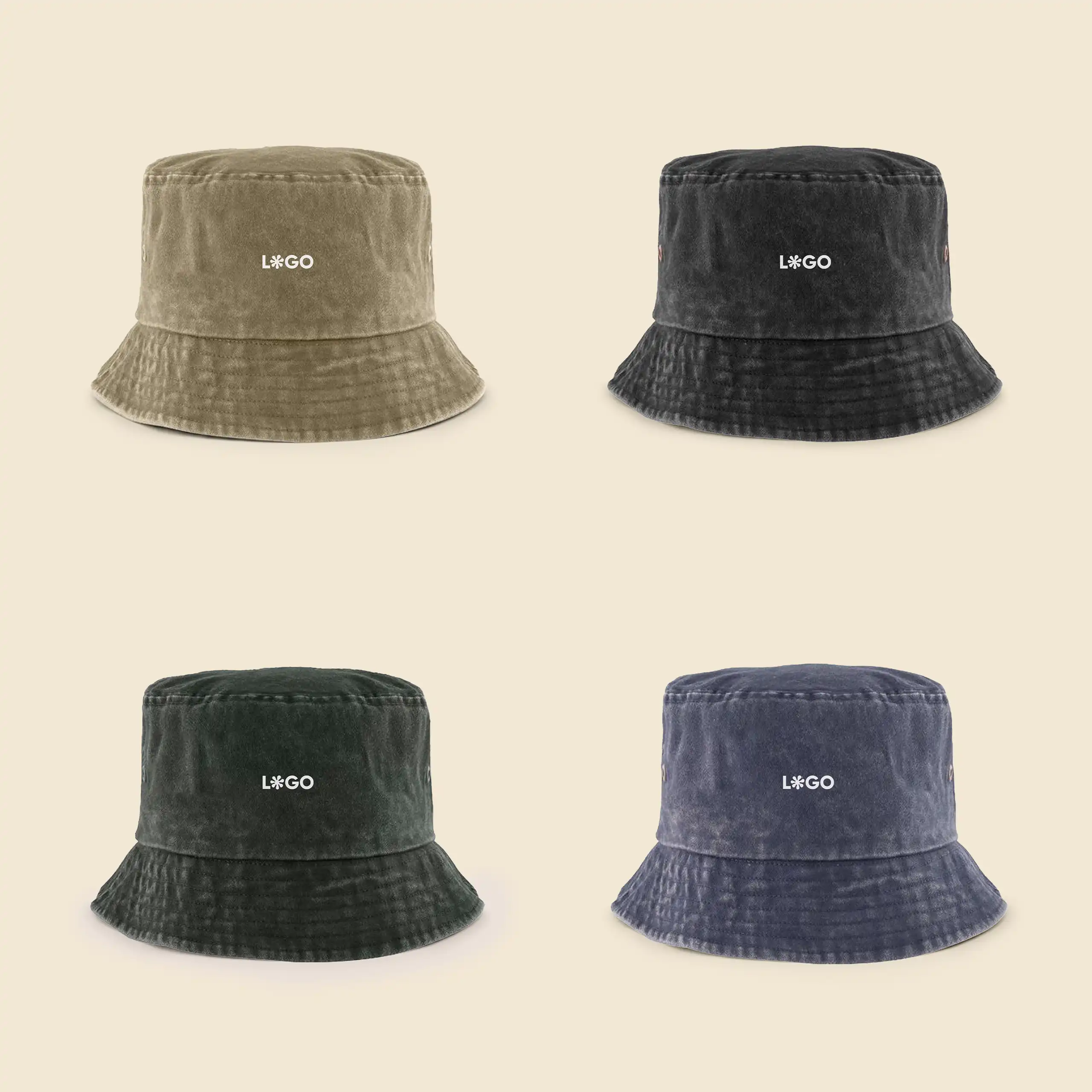 Gorro bucket con logo TULUM Gorro bucket con logo , efecto desteñido. De corte Bob. Con personalización a todo color. De color verde, azul, camel y negro.