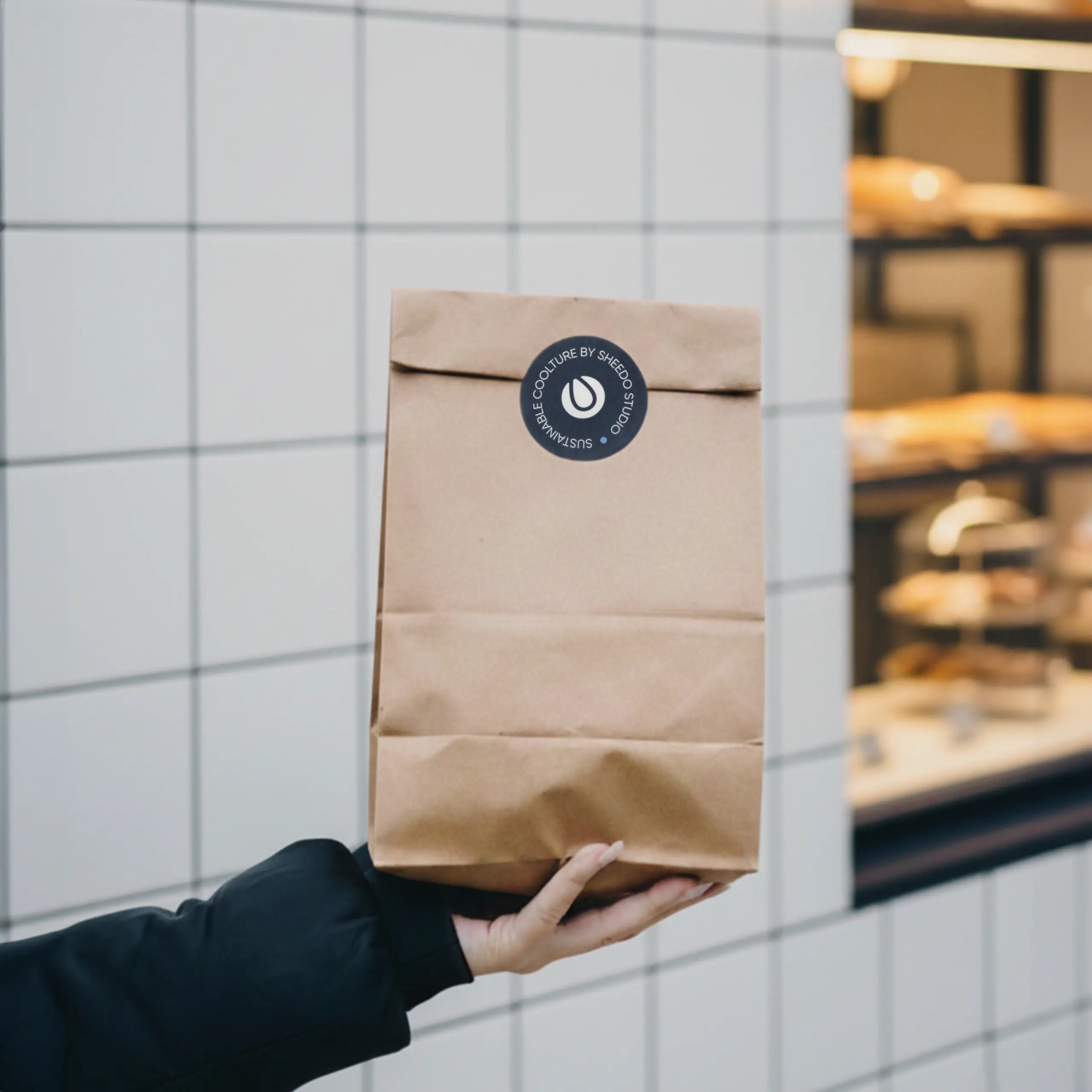 Pegatina de tamaño 5x5cm pegada en bolsa de papel kraft. Sujeta por un brazo.