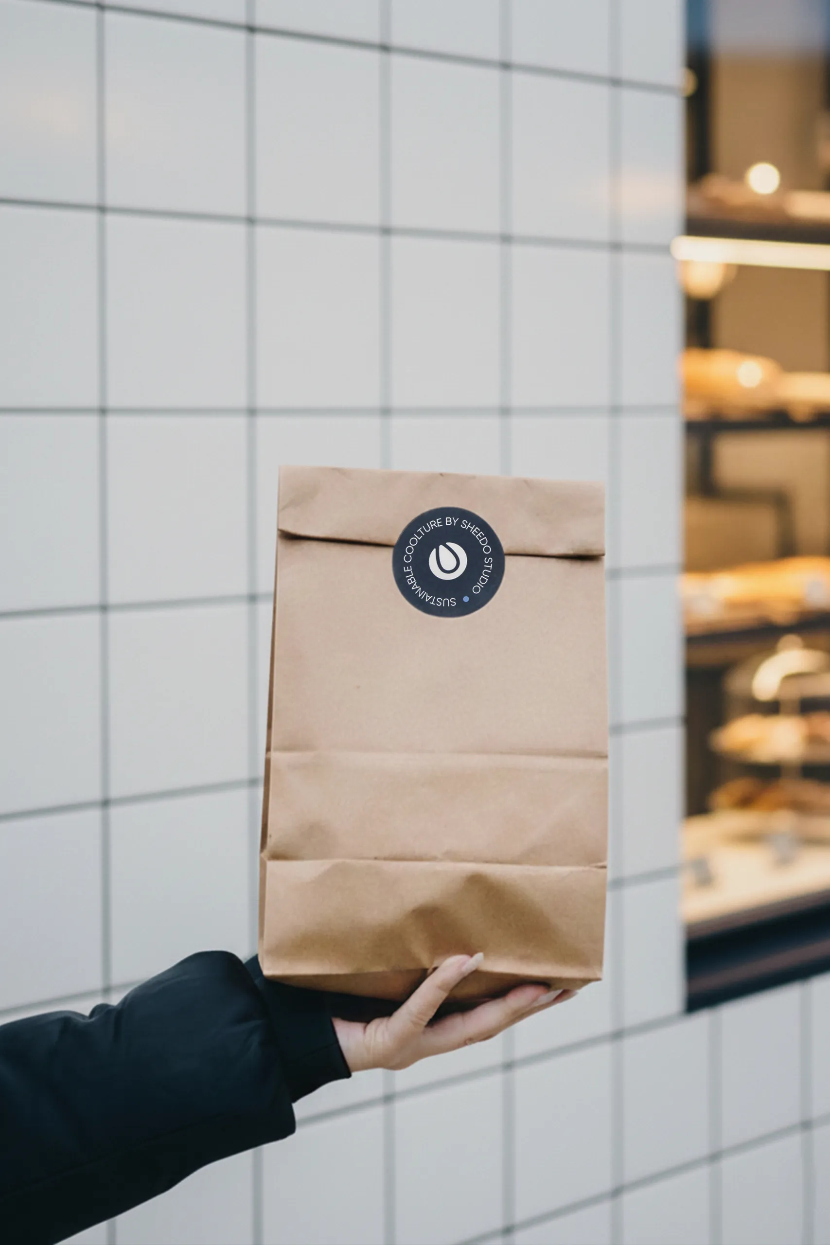 Pegatina de tamaño 5x5cm pegada en bolsa de papel kraft. Sujeta por un brazo.