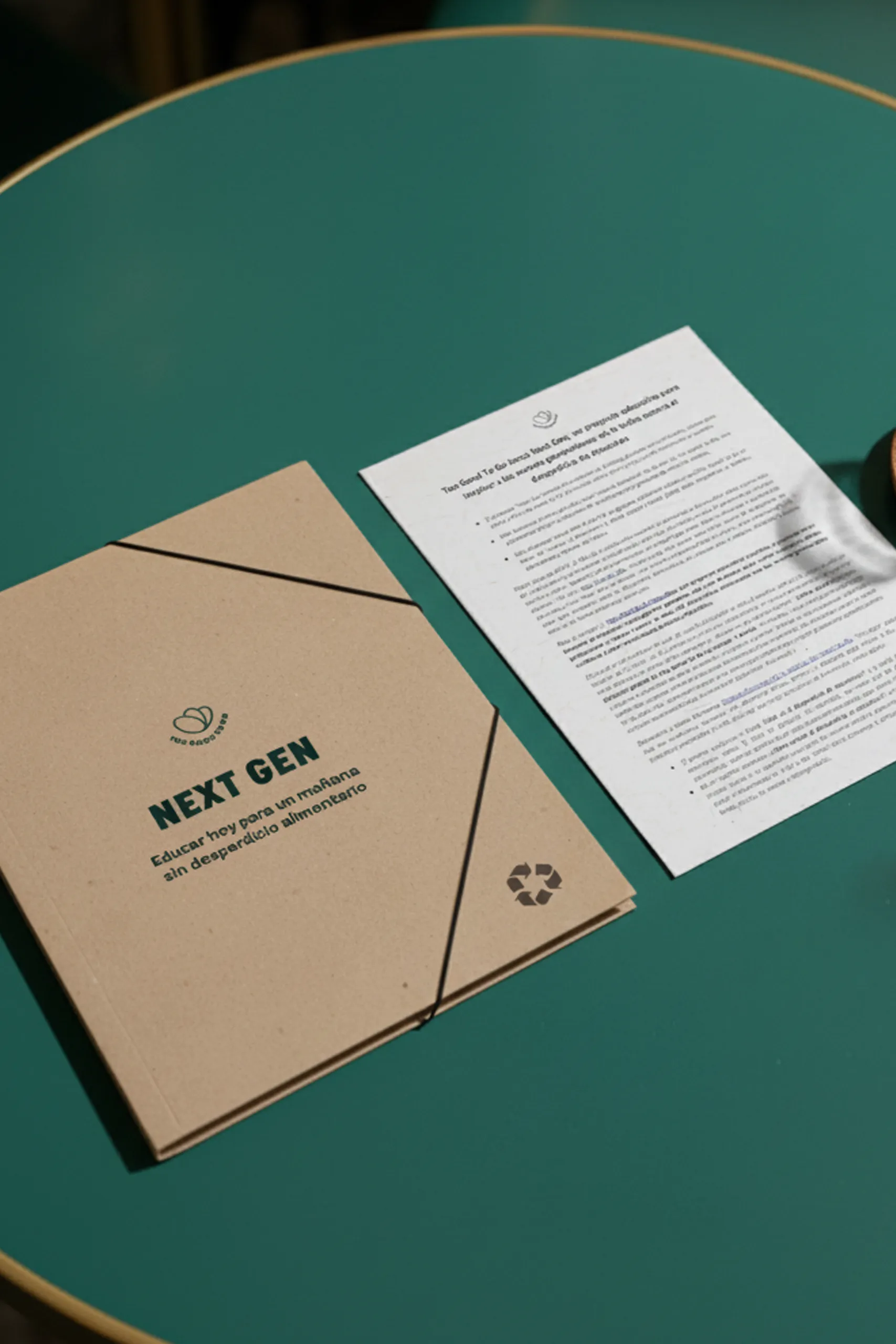 Una carpeta y una hoja A4 impresa para la marca Too Good To Go, sobre una mesa de color verde