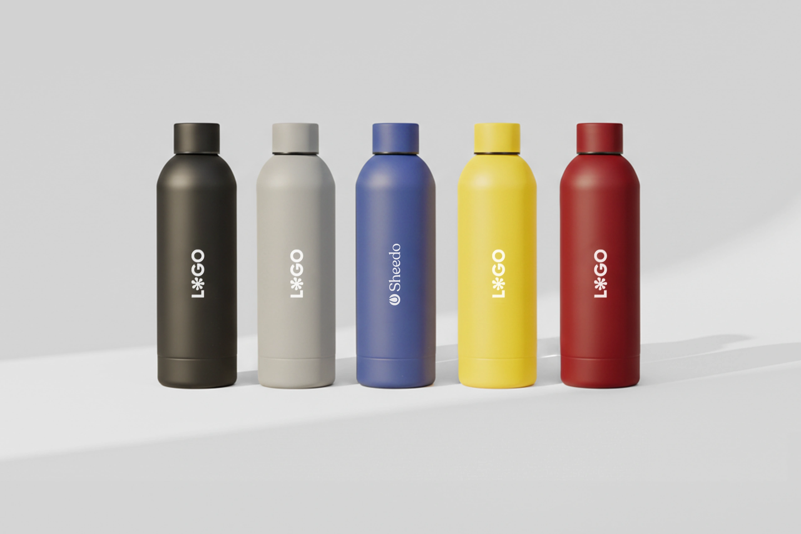 Botellas de acero inoxidable y perosonalizables a todo color de colores variados desde rojo , azul , amarillo hasta negro y gris.