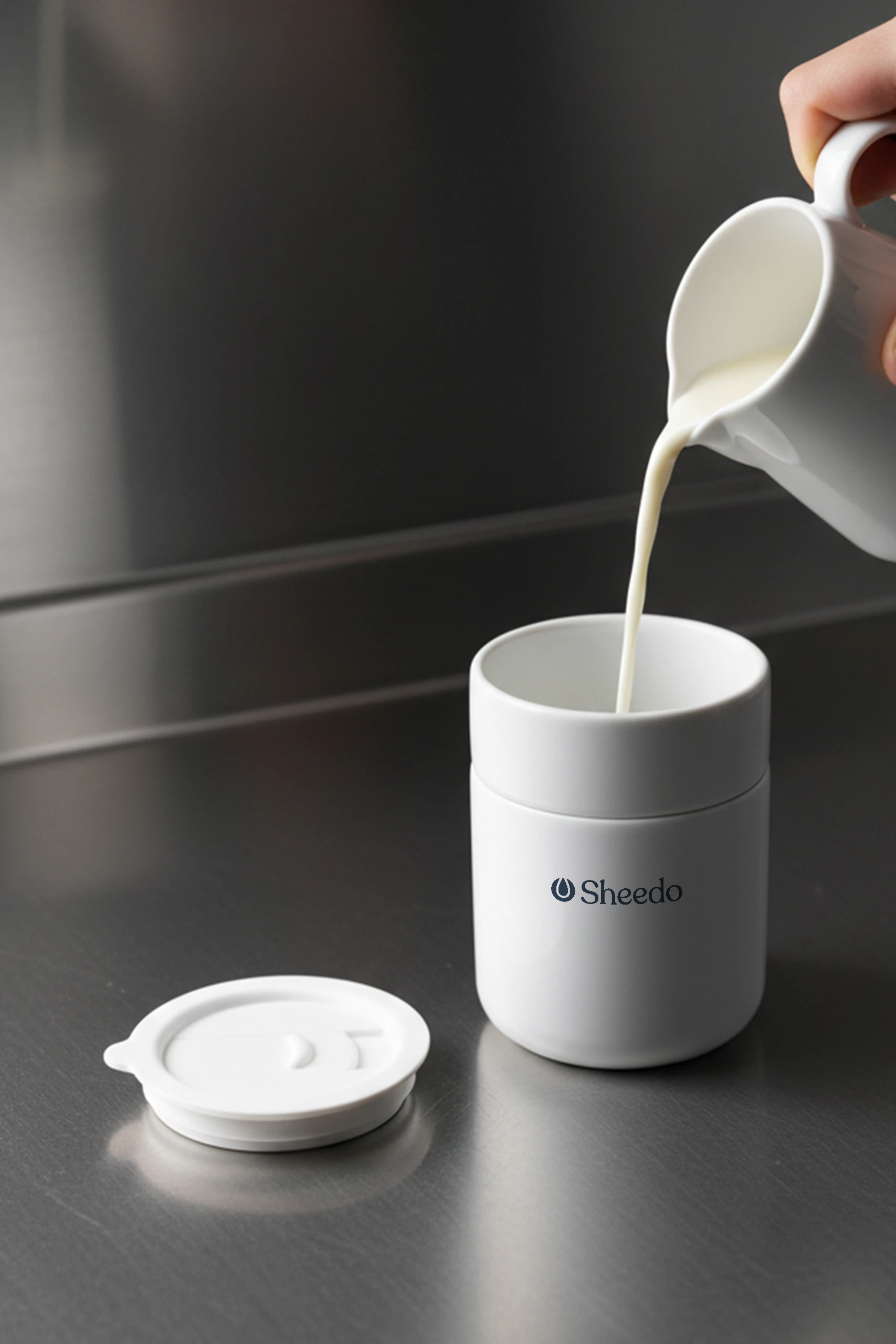 Mano echando leche de una jarra a un vaso de cerámica blanco personalizado con el logotipo de Sheedo