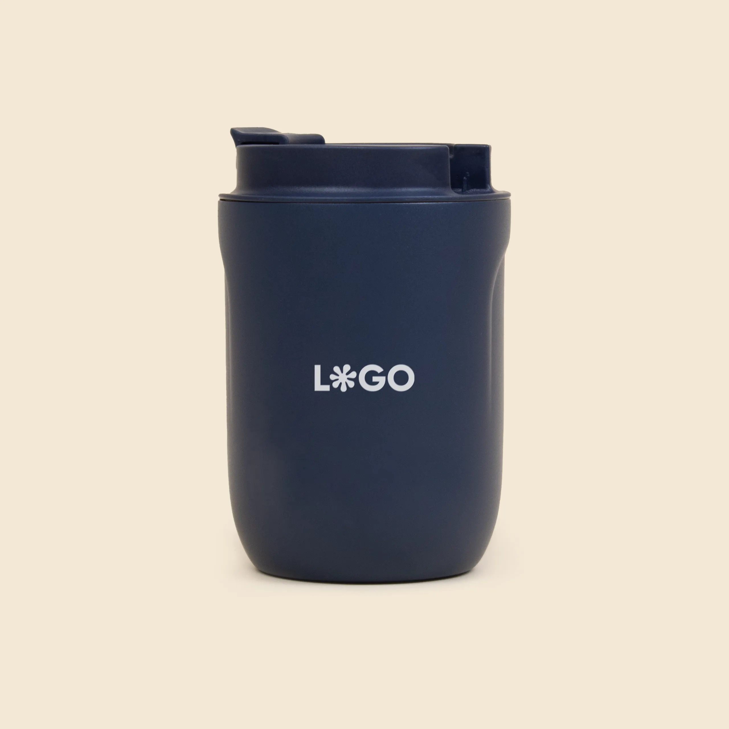 Vaso térmico personalizado NIZA Vaso térmico azul personalizado con la palabra 'logo' en blanco