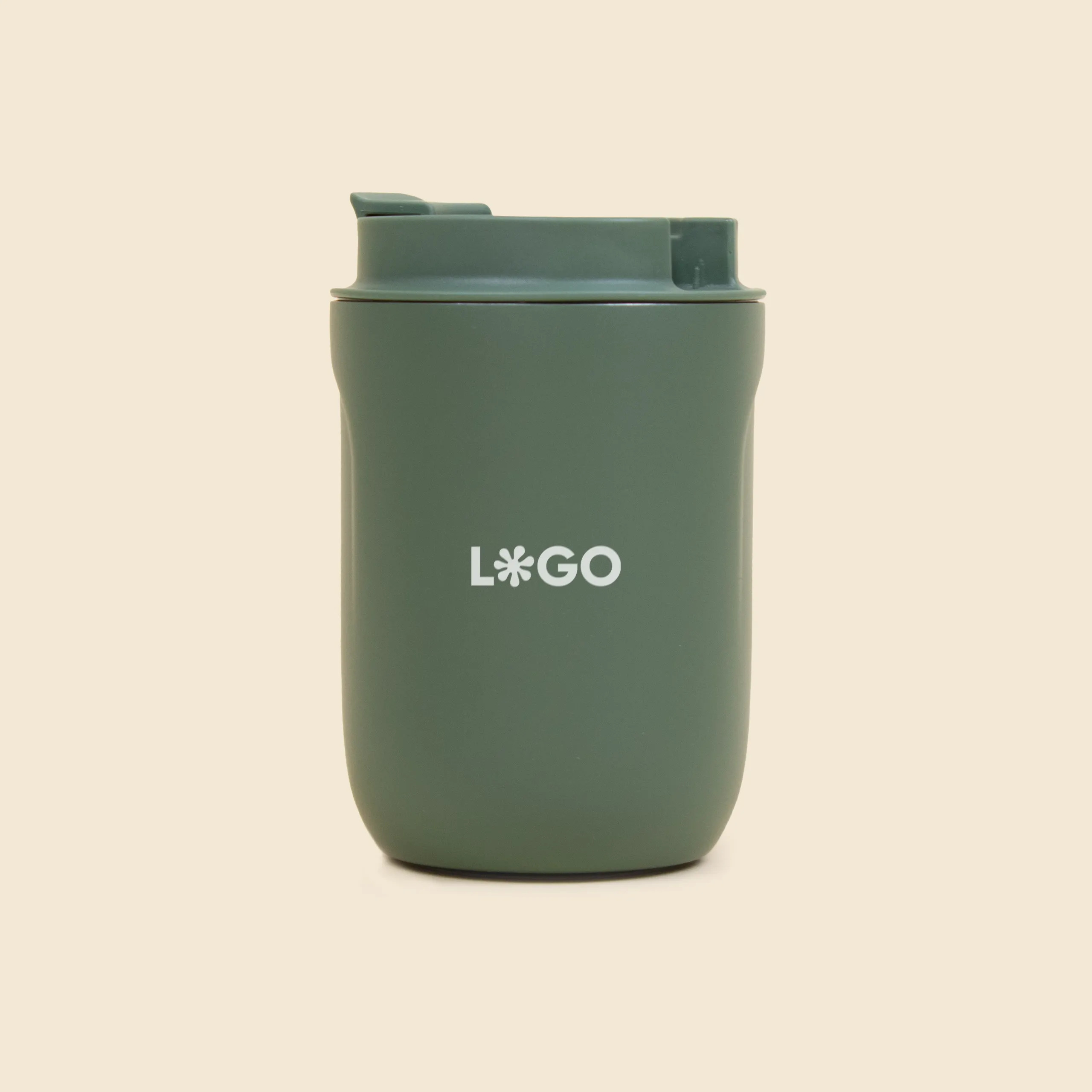Vaso térmico verde personalizado con la palabra 'logo' en blanco