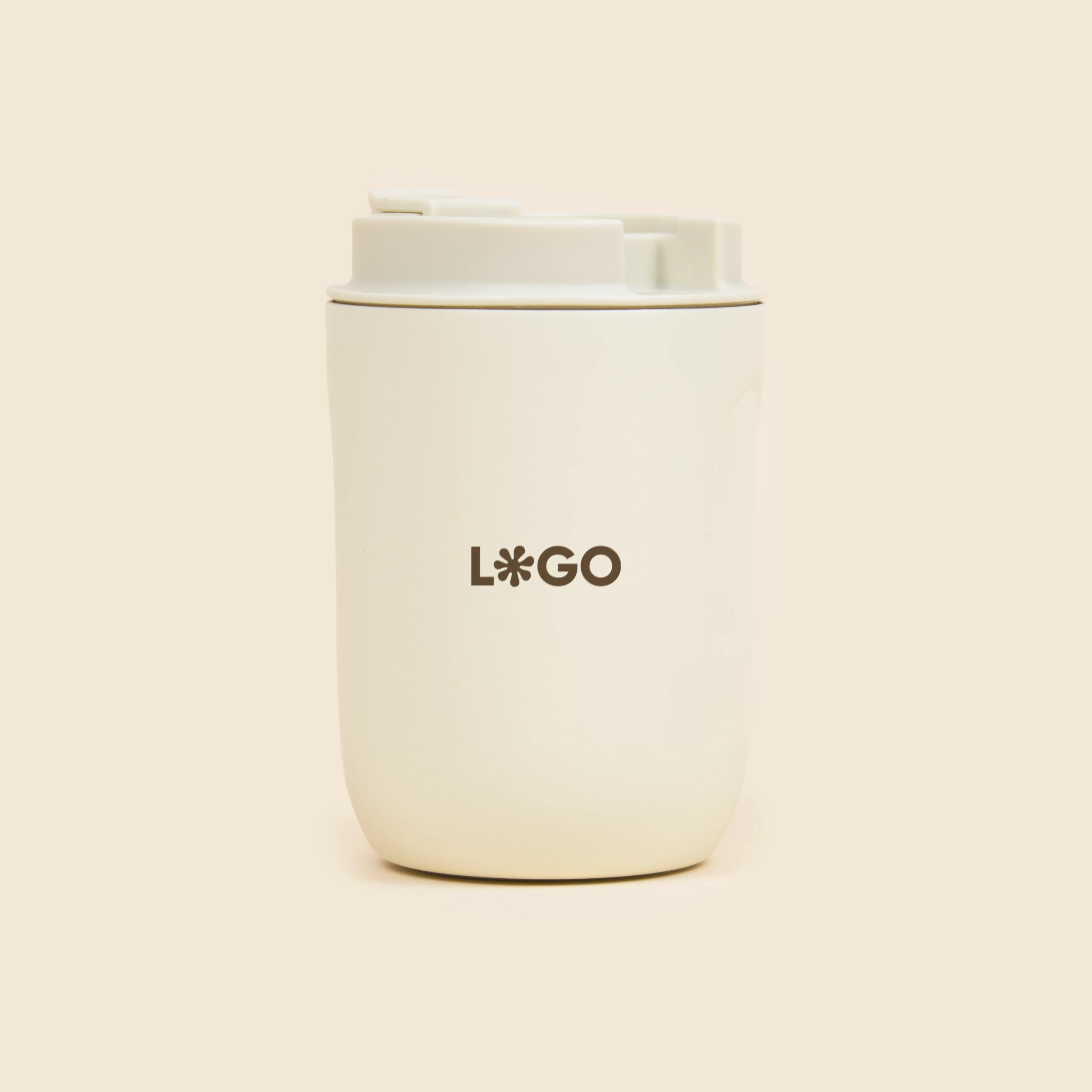 Vaso térmico personalizado NIZA Vaso térmico beige personalizado con la palabra 'logo' en marrón