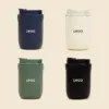 4 vasos térmicos de colores (azul, beige, verde y negro) personalizados con la palabra 'logo'