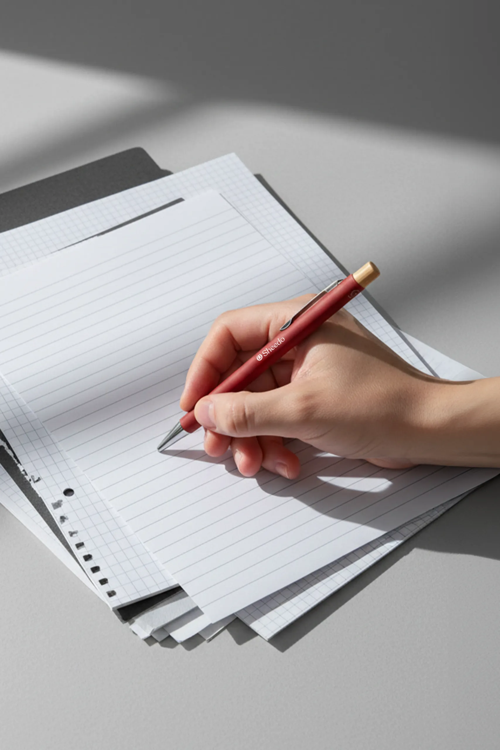 Mano escribiendo en ua hoja de papel con un bolígrafo rojo de aluminio reciclado y pulsador de bambú, personalizado con el logo de Sheedo