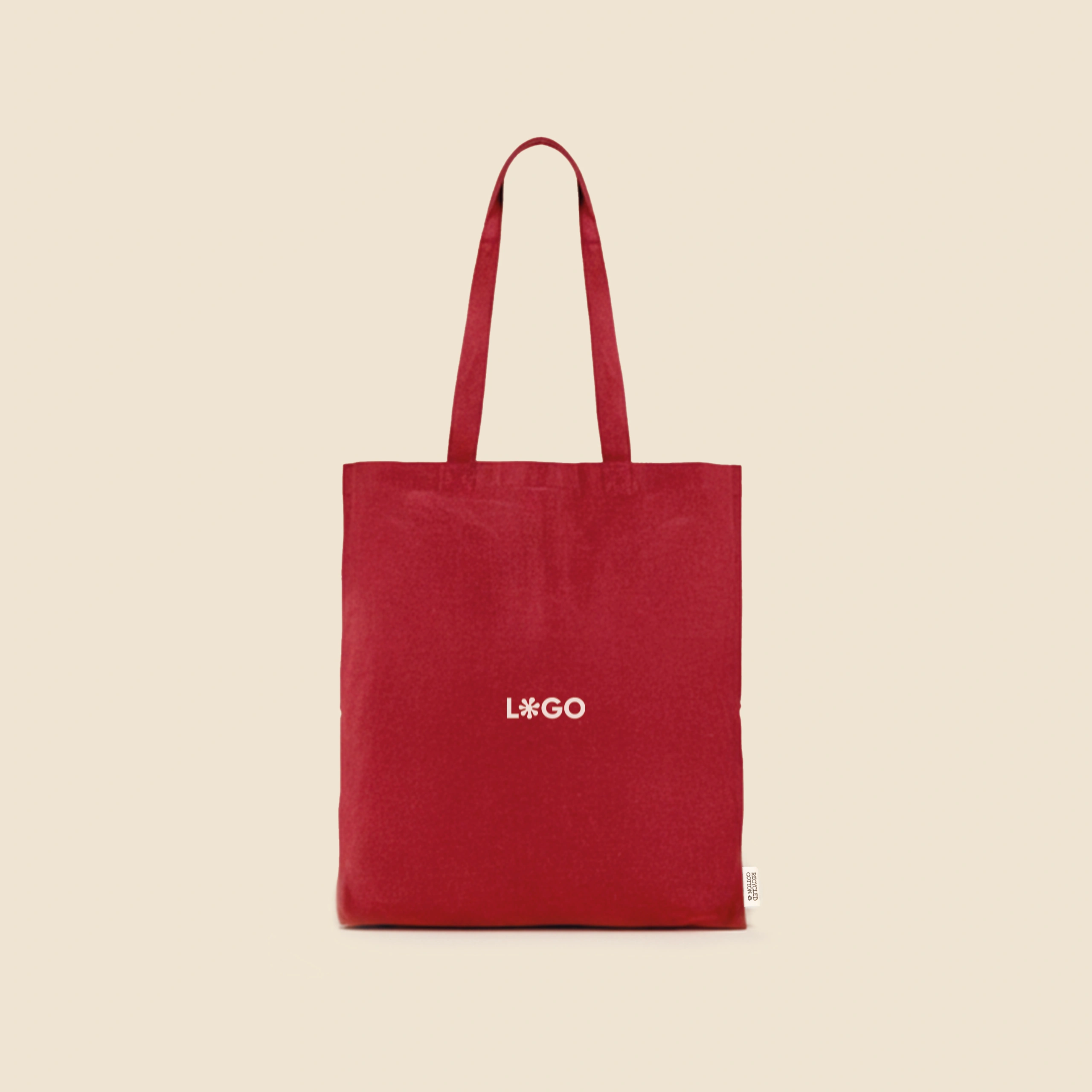 Bolsa de algodón reciclado de color rojo con la palabra LOGO en blanco