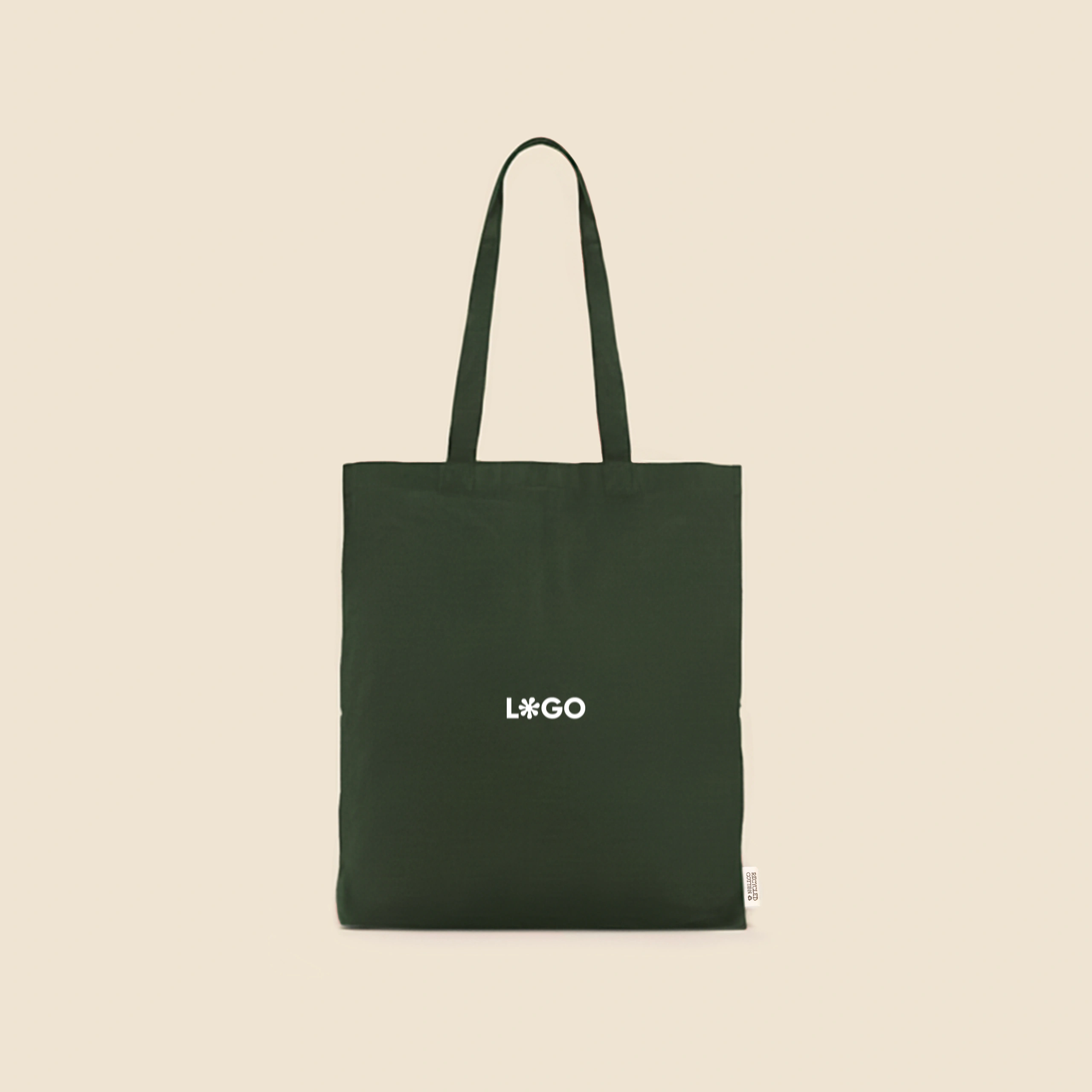 Bolsa de algodón reciclado de color verde con la palabra LOGO en blanco