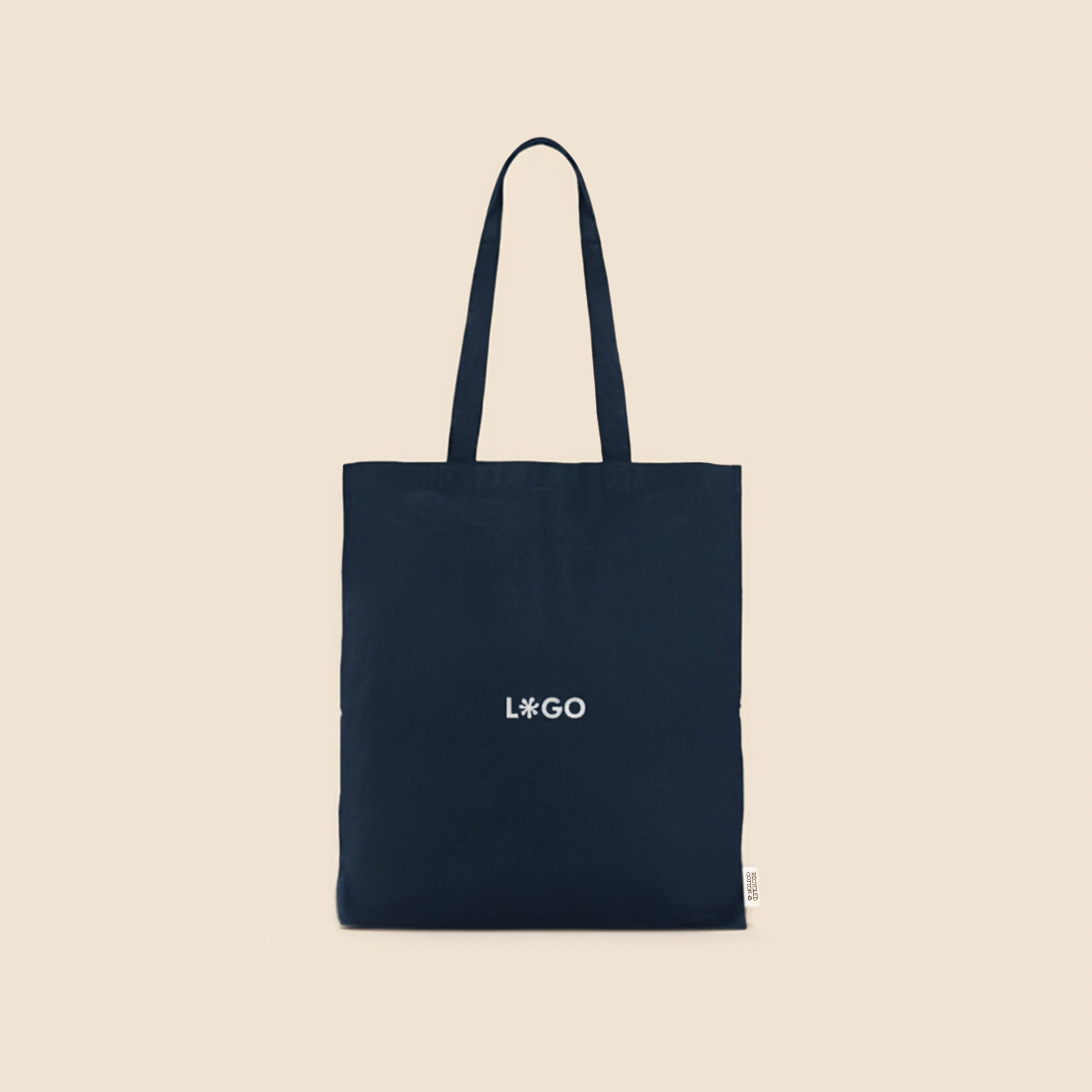 Bolsa de algodón reciclado de color azul oscuro con la palabra LOGO en blanco
