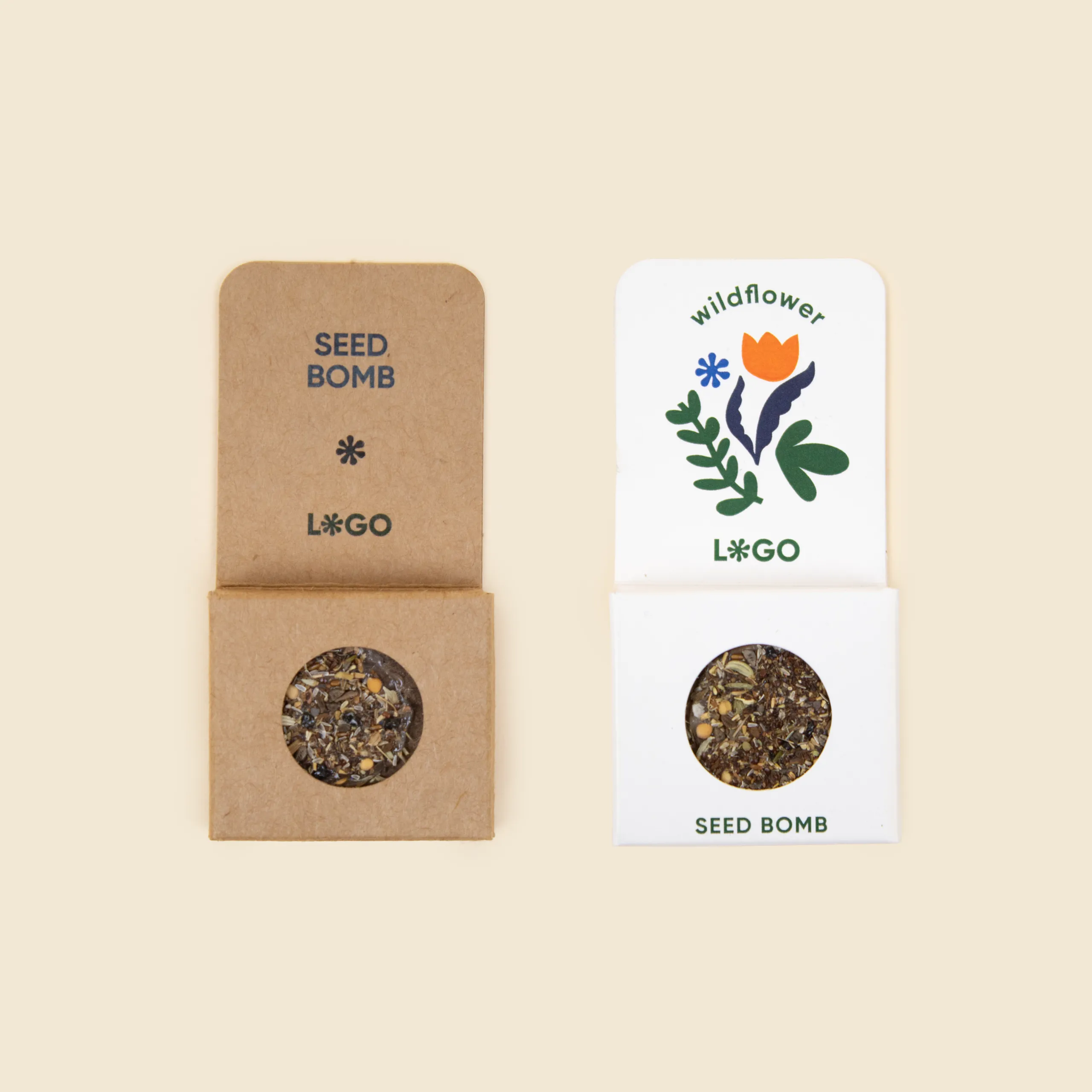 2 bombas de semillas plantables en un packaging de cartón personalizado (kraft y blanco)