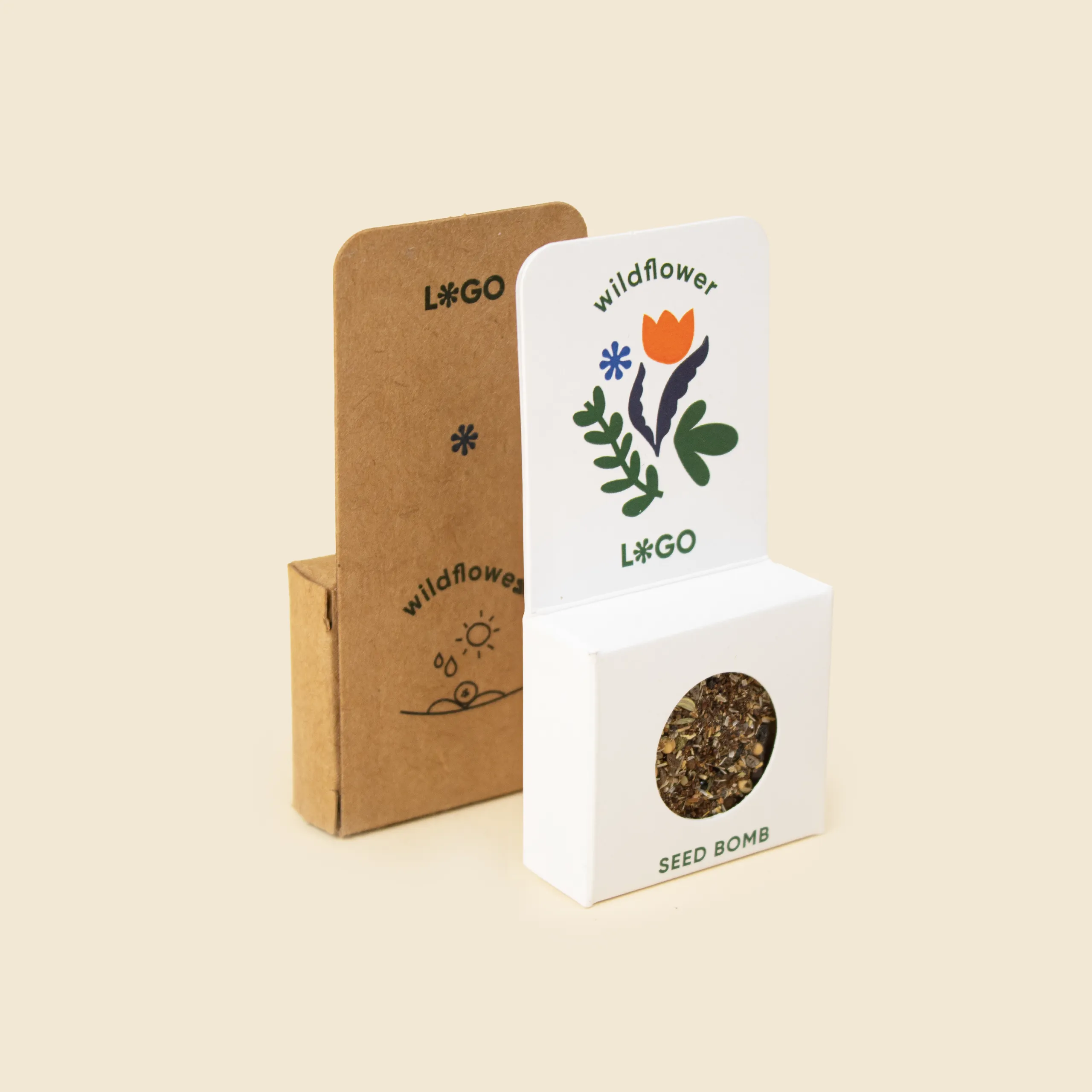 2 bombas de semillas plantables en un packaging de cartón personalizado (kraft y blanco)