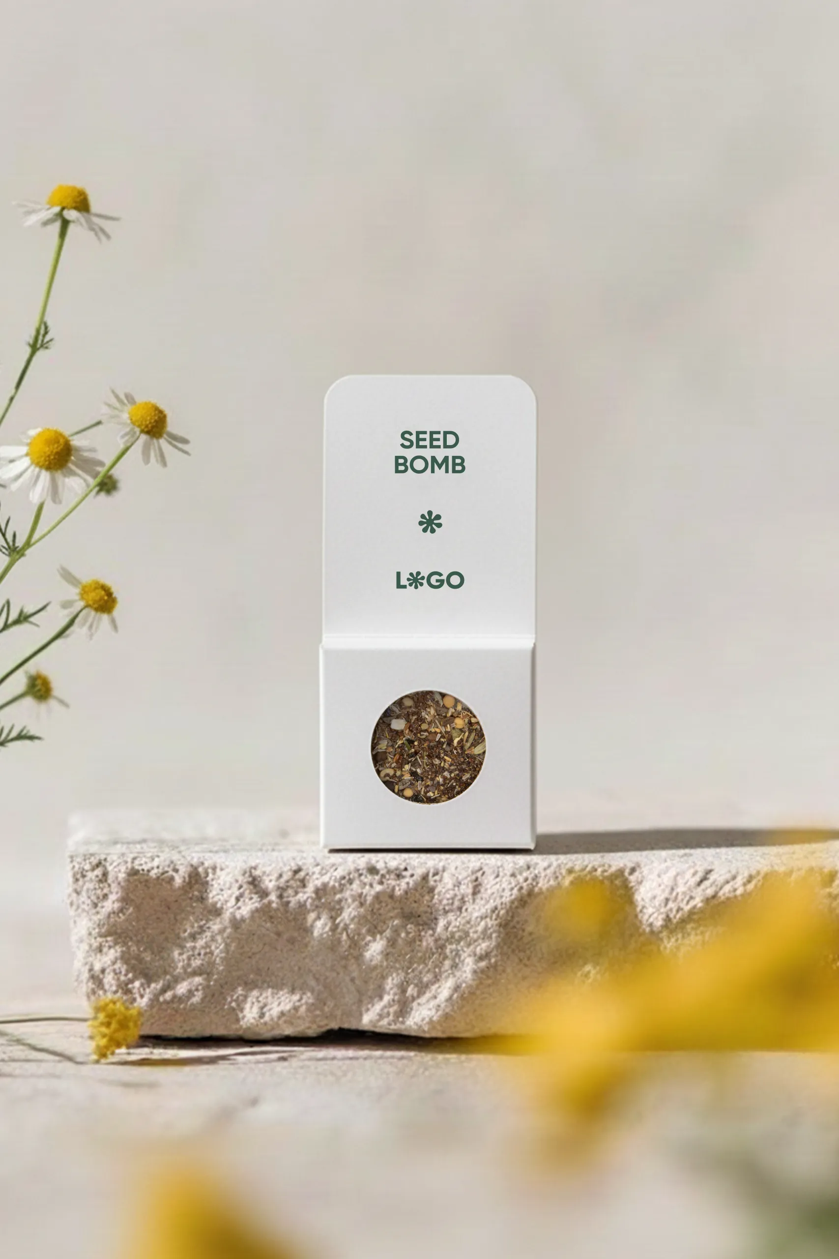 Bombas de semillas plantable en un packaging de cartón blanco personalizado, junto a unas flores margaritas