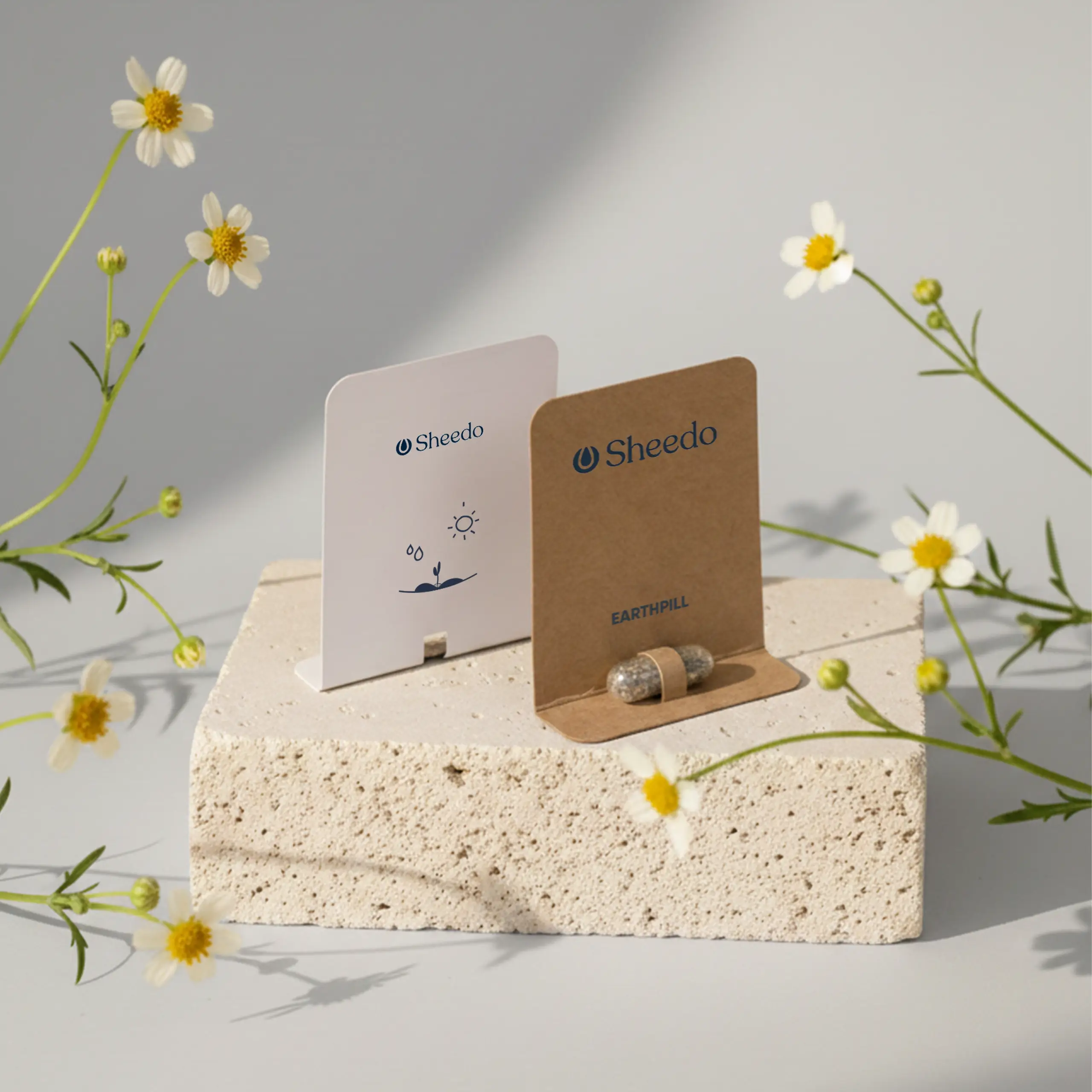 Dos cápsula biodegradables con semillas en su interior con packaging de cartón kraft y blanco personalizado, colocadas sobre una piedra con margaritas alrededor