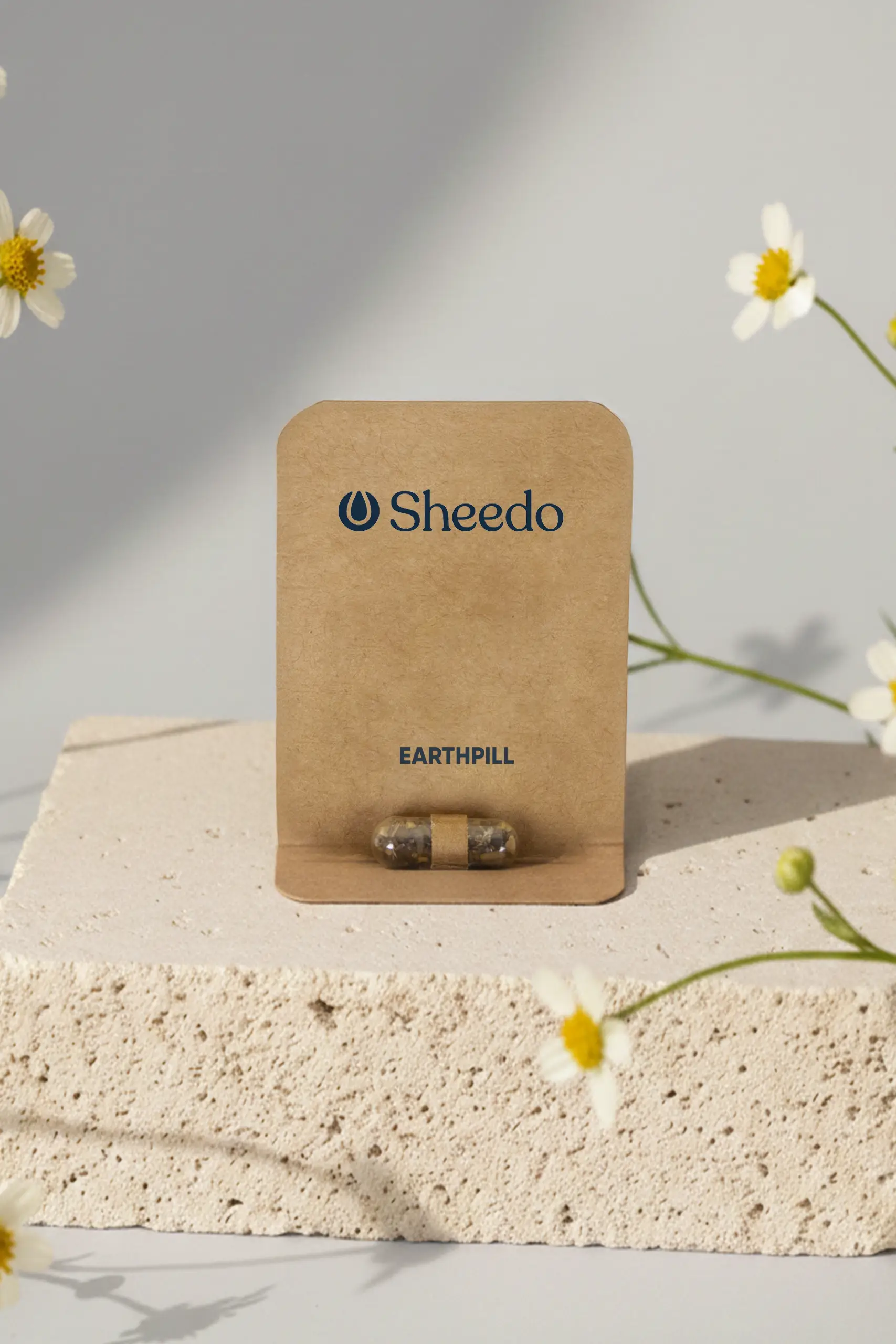 Cápsula biodegradable con semillas en su interior con packaging de cartón kraft personalizado, colocada sobre una piedra con margaritas alrededor