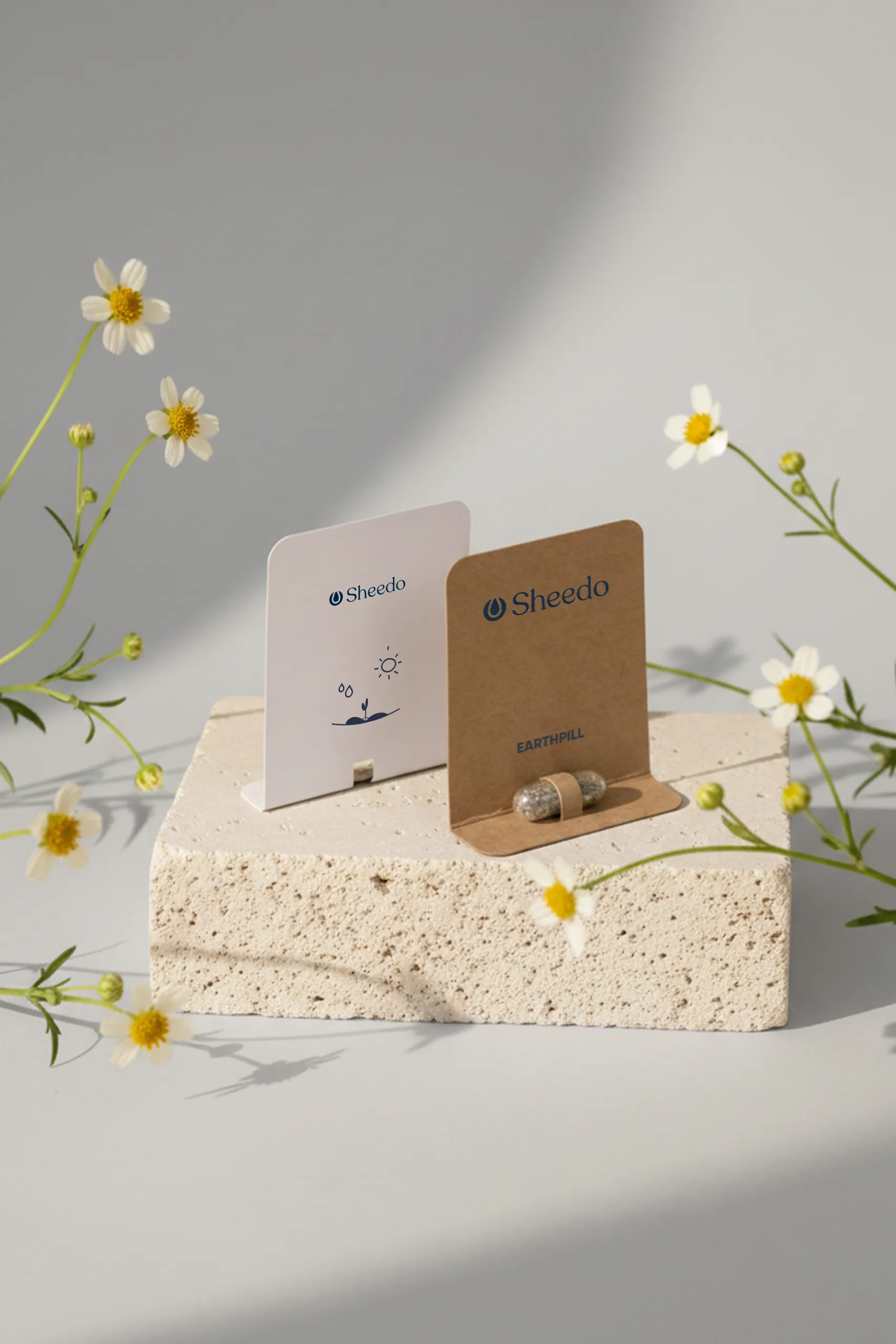 Dos cápsula biodegradables con semillas en su interior con packaging de cartón kraft y blanco personalizado, colocadas sobre una piedra con margaritas alrededor