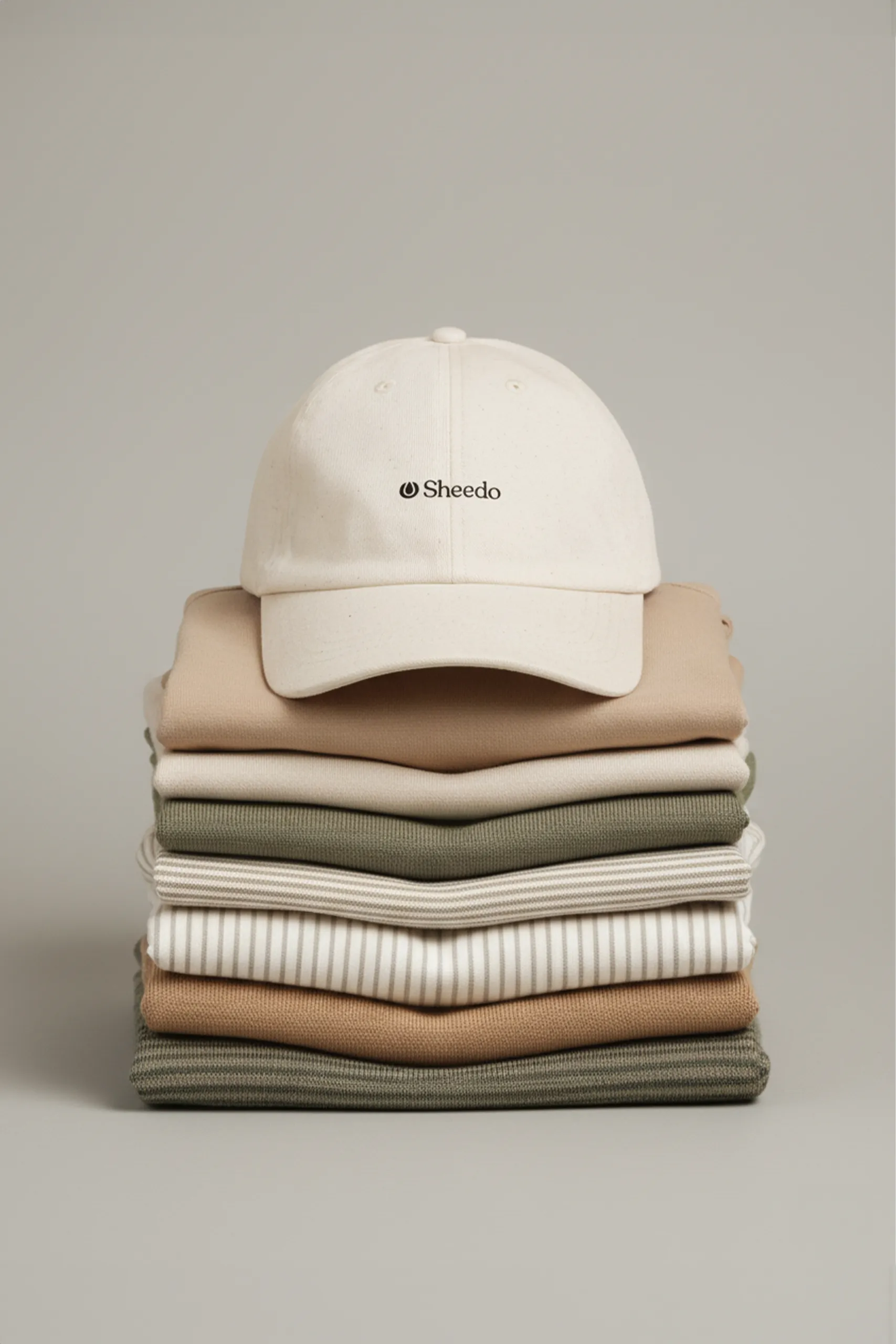 Gorra ecológica algodón orgánico GORKA Gorra ecológica de algodón de color beige personalizada con la palabra 'logo' en marrón, colocada sobre jerseys apilados