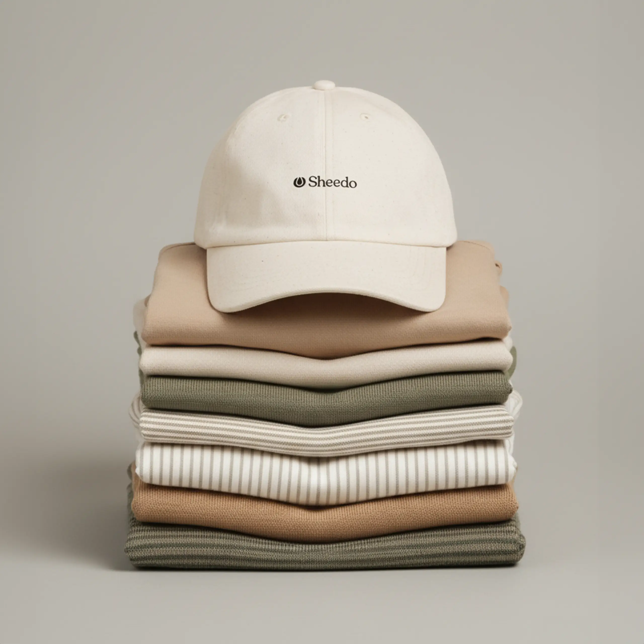 Gorra ecológica algodón orgánico GORKA Gorra ecológica de algodón de color beige personalizada con la palabra 'logo' en marrón, colocada sobre jerseys apilados