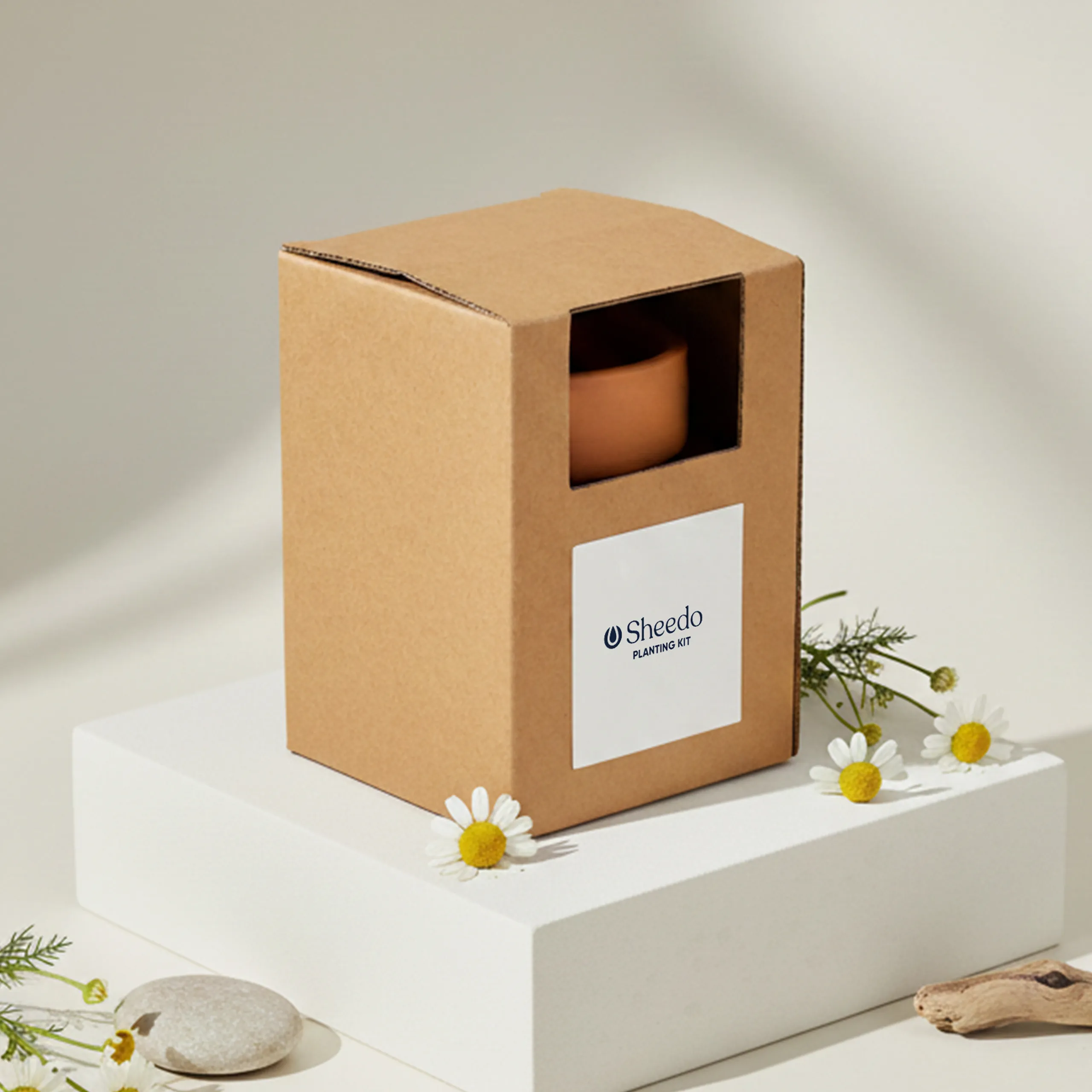 Kit plantable de barro dentro de una caja de cartón kraft y una pegatina blanca personalizada, junto a flores de margaritas